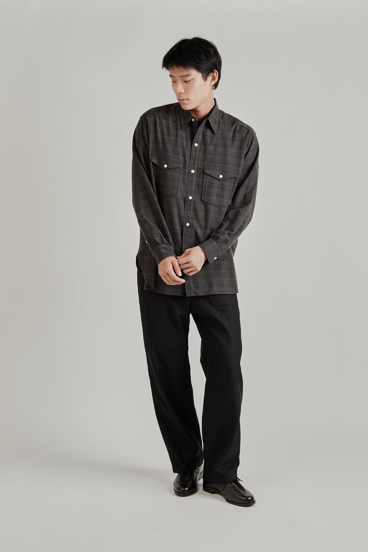 Regular Collar Wool Plaid Shirt - Charcoal