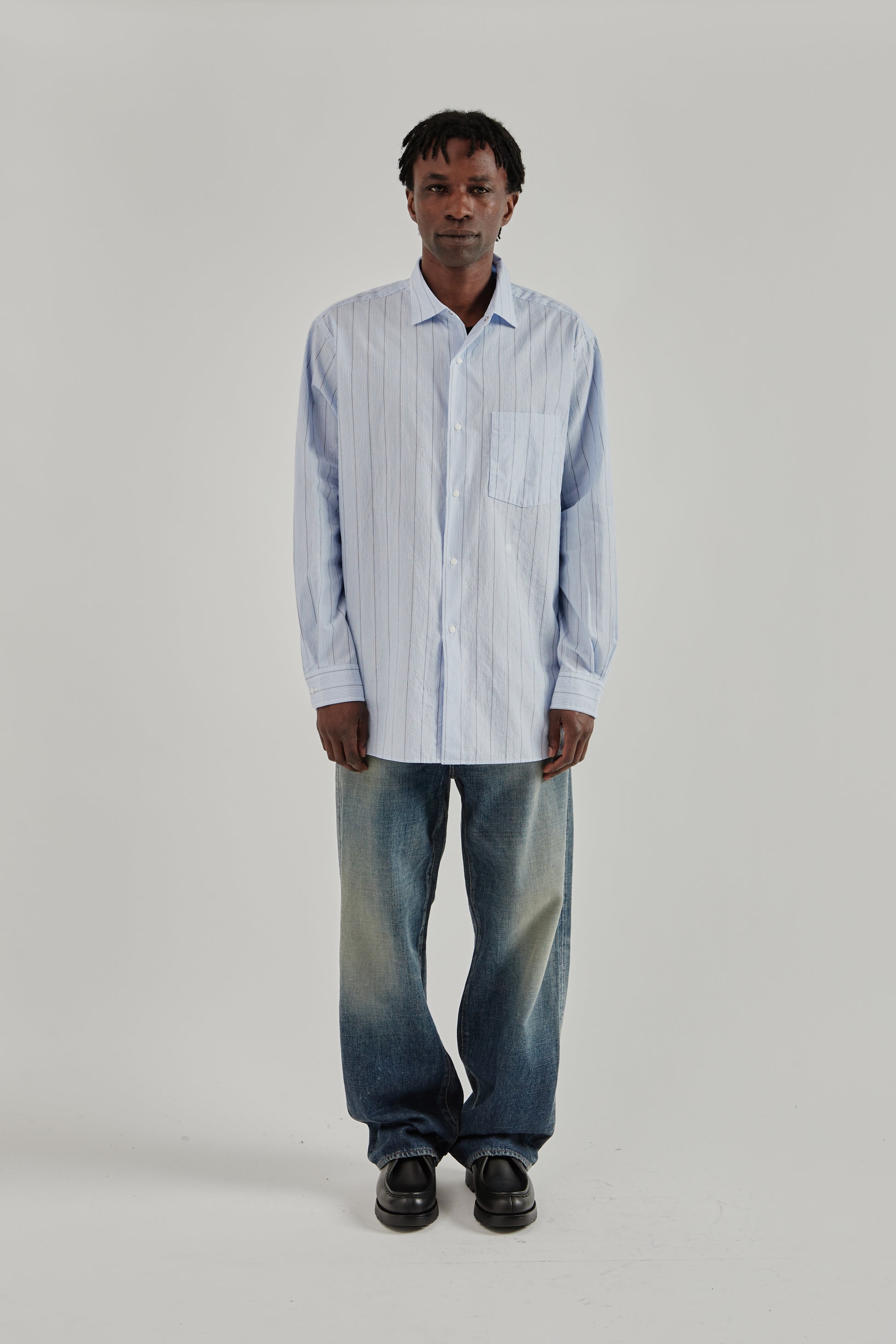 Nanamica SS26 Regular Collar Stripe Wind Shirt Sax1522