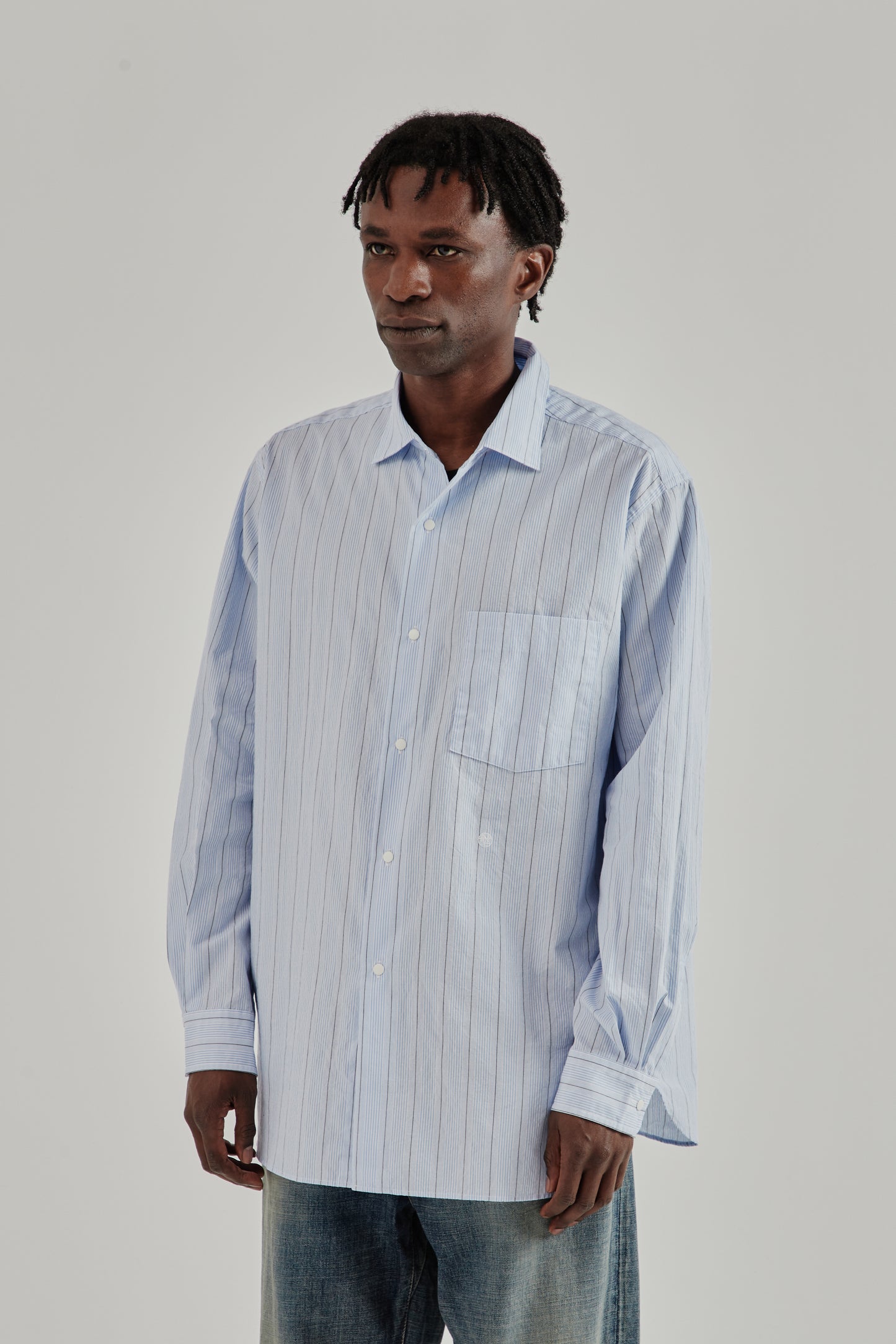 Nanamica SS26 Regular Collar Stripe Wind Shirt Sax1525