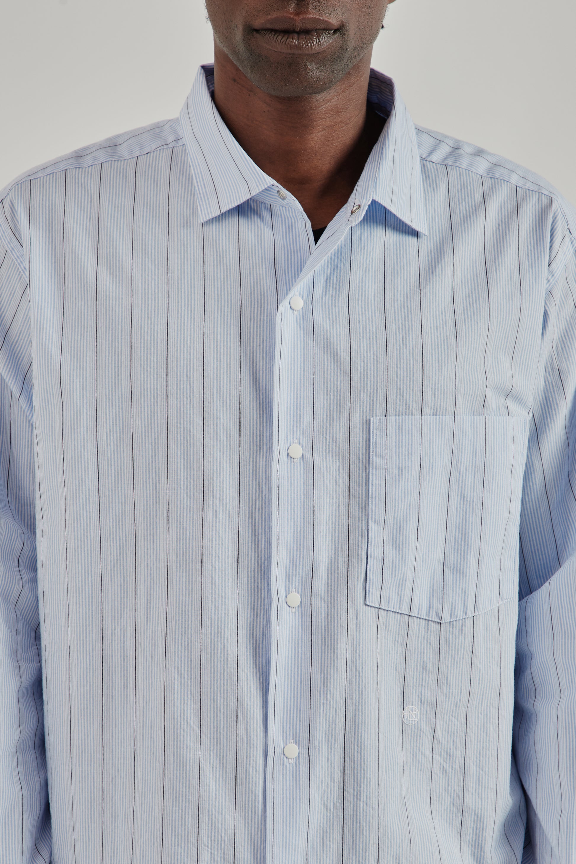 Nanamica SS26 Regular Collar Stripe Wind Shirt Sax1535