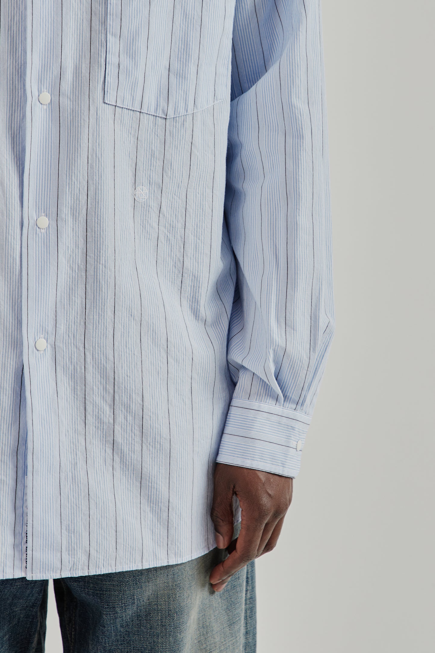 Nanamica SS26 Regular Collar Stripe Wind Shirt Sax1537