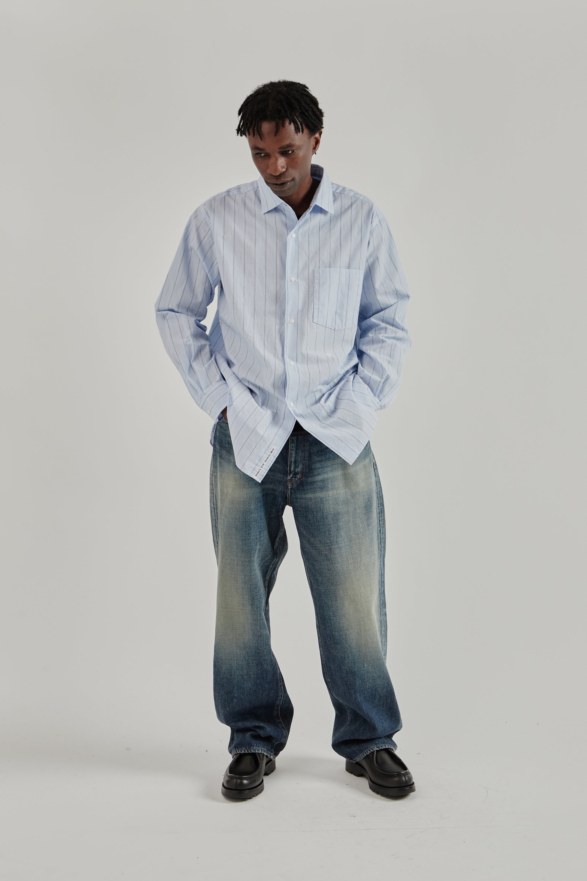 Nanamica SS26 Regular Collar Stripe Wind Shirt Sax1547