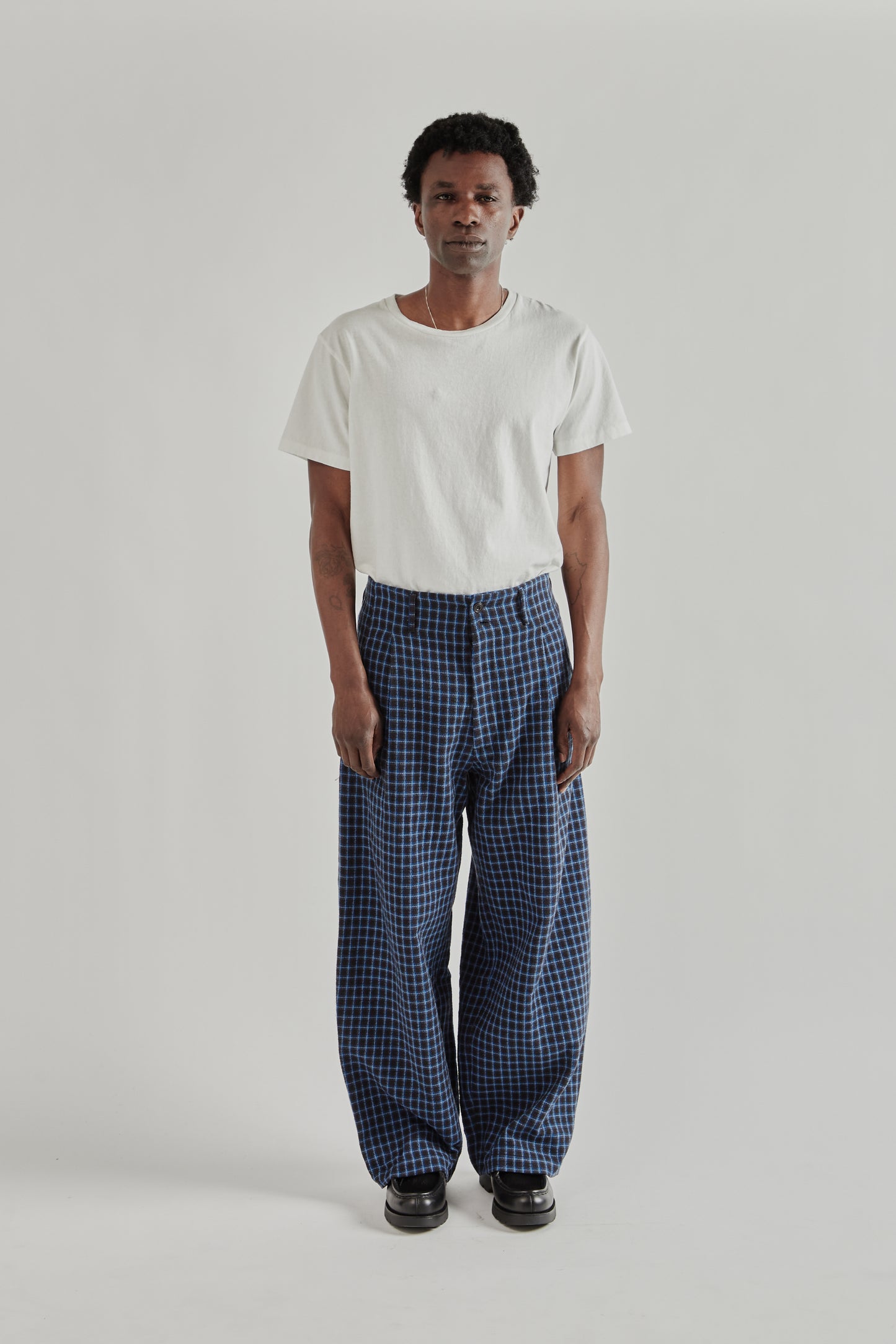 Wide Leg Pleated Trouser - Navy Check