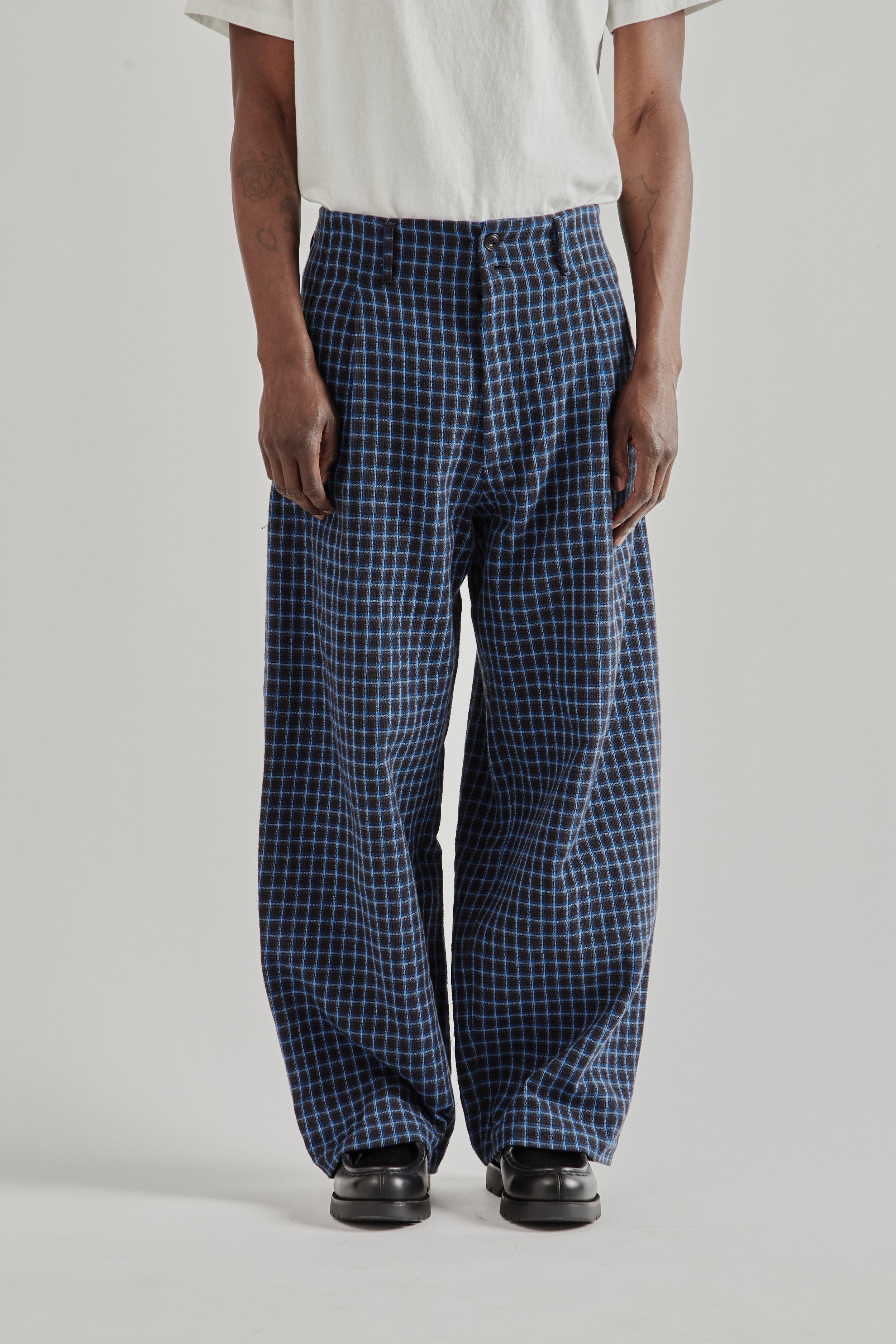 Nicholas Daley Wide Leg Pleated Trouser - Navy Check | Wallace