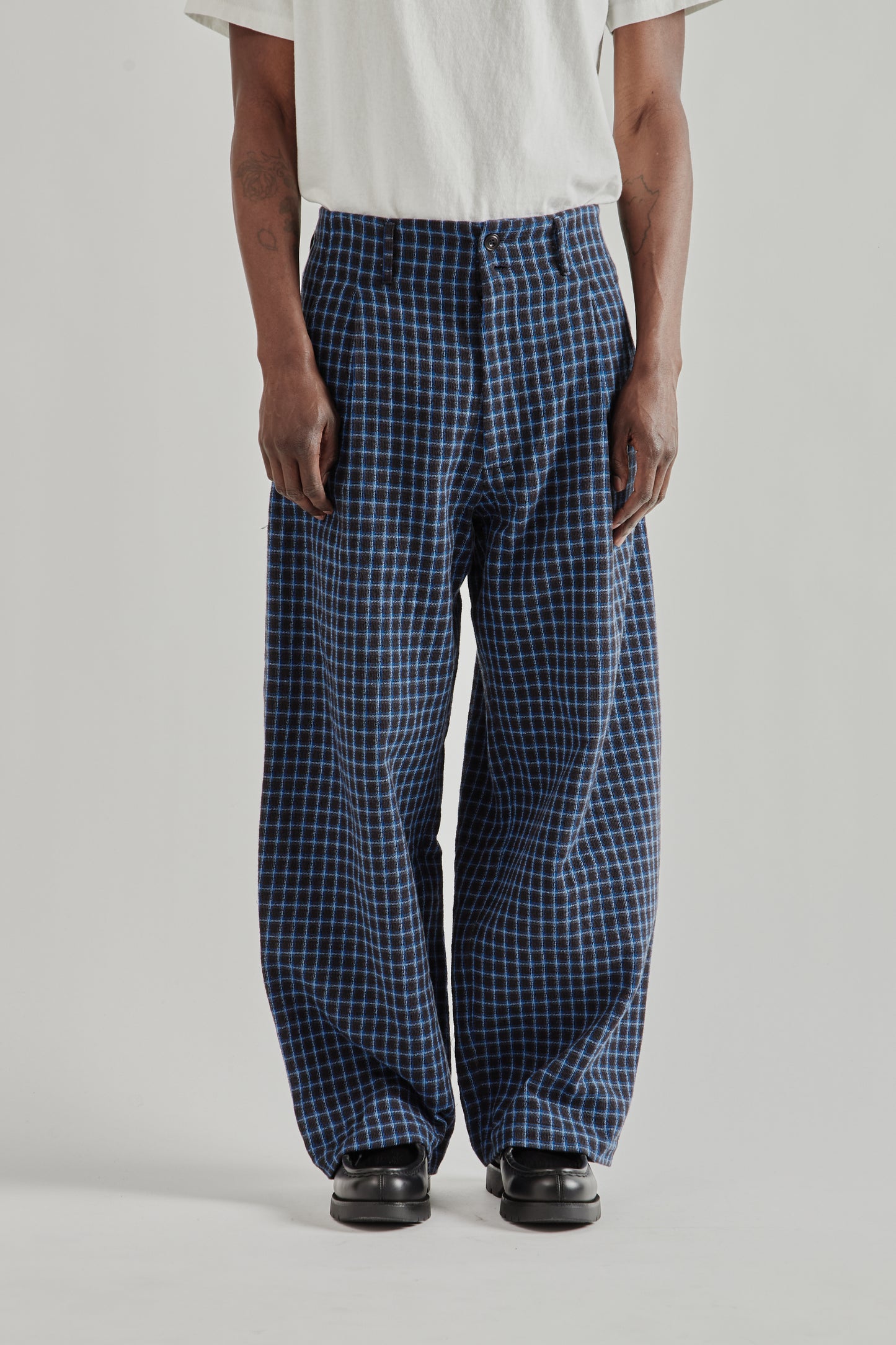 Wide Leg Pleated Trouser - Navy Check