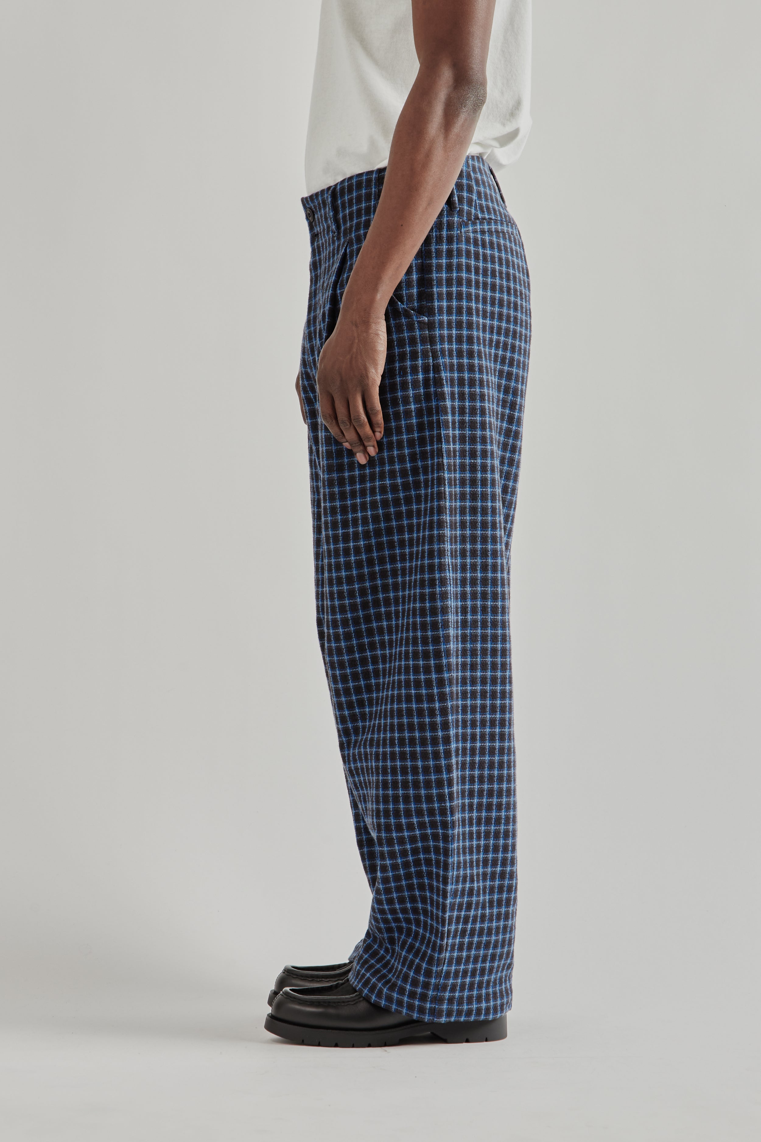 Nicholas Daley Wide Leg Pleated Trouser - Navy Check | Wallace