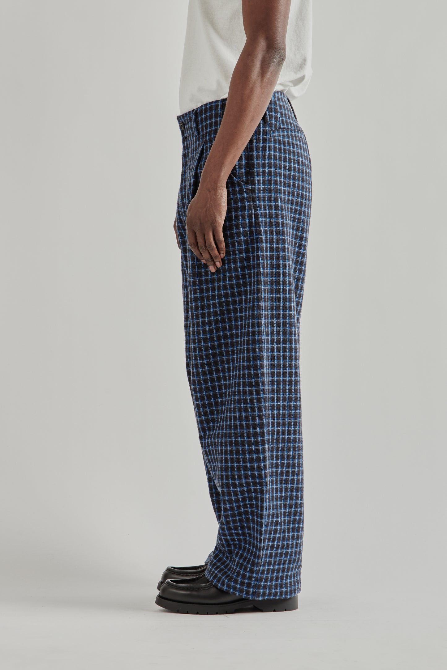 Wide Leg Pleated Trouser - Navy Check