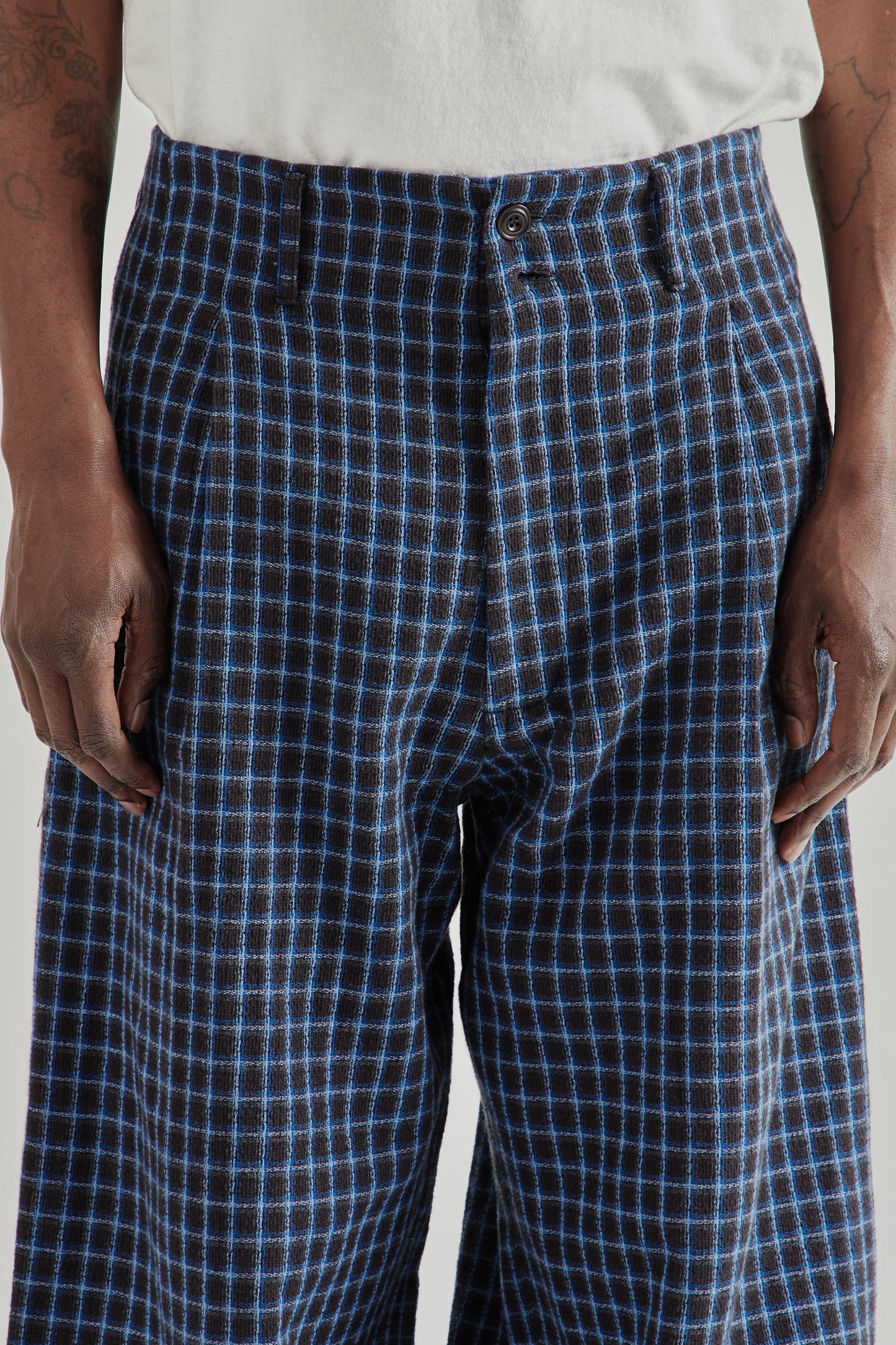 Wide Leg Pleated Trouser - Navy Check