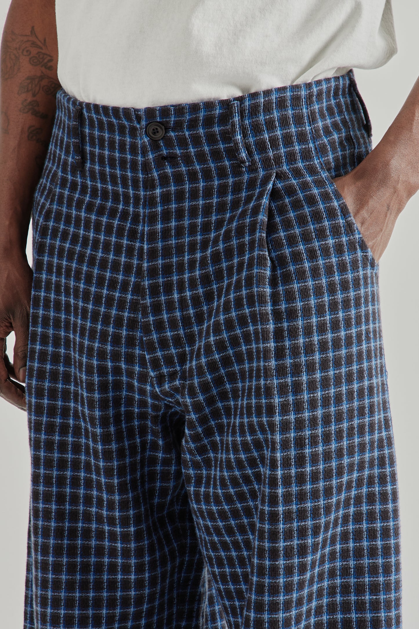 Wide Leg Pleated Trouser - Navy Check