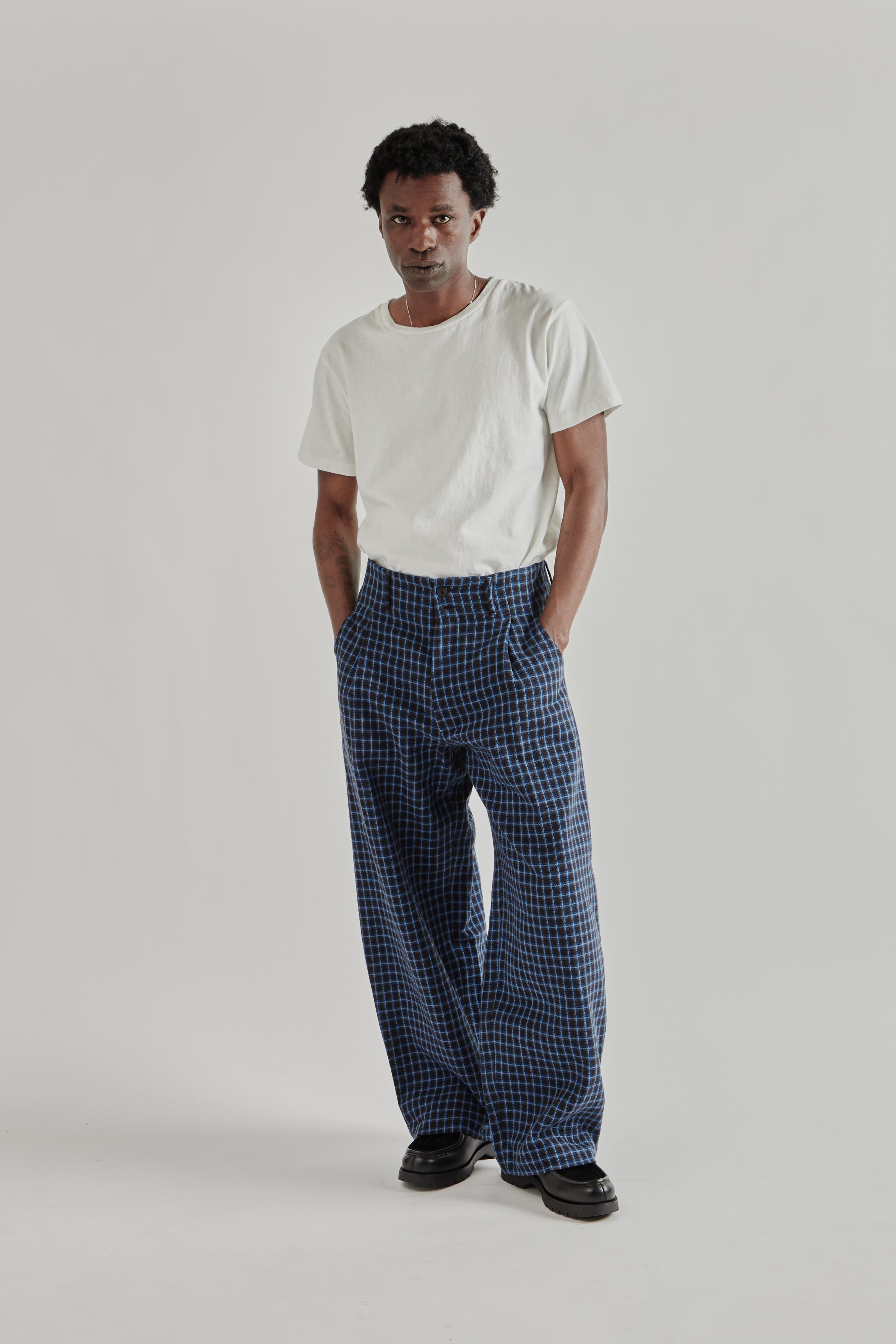 Nicholas Daley Wide Leg Pleated Trouser - Navy Check | Wallace