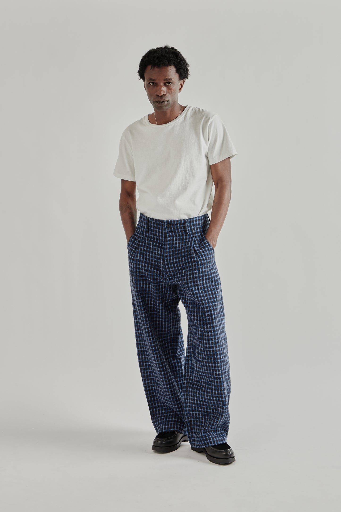 Wide Leg Pleated Trouser - Navy Check