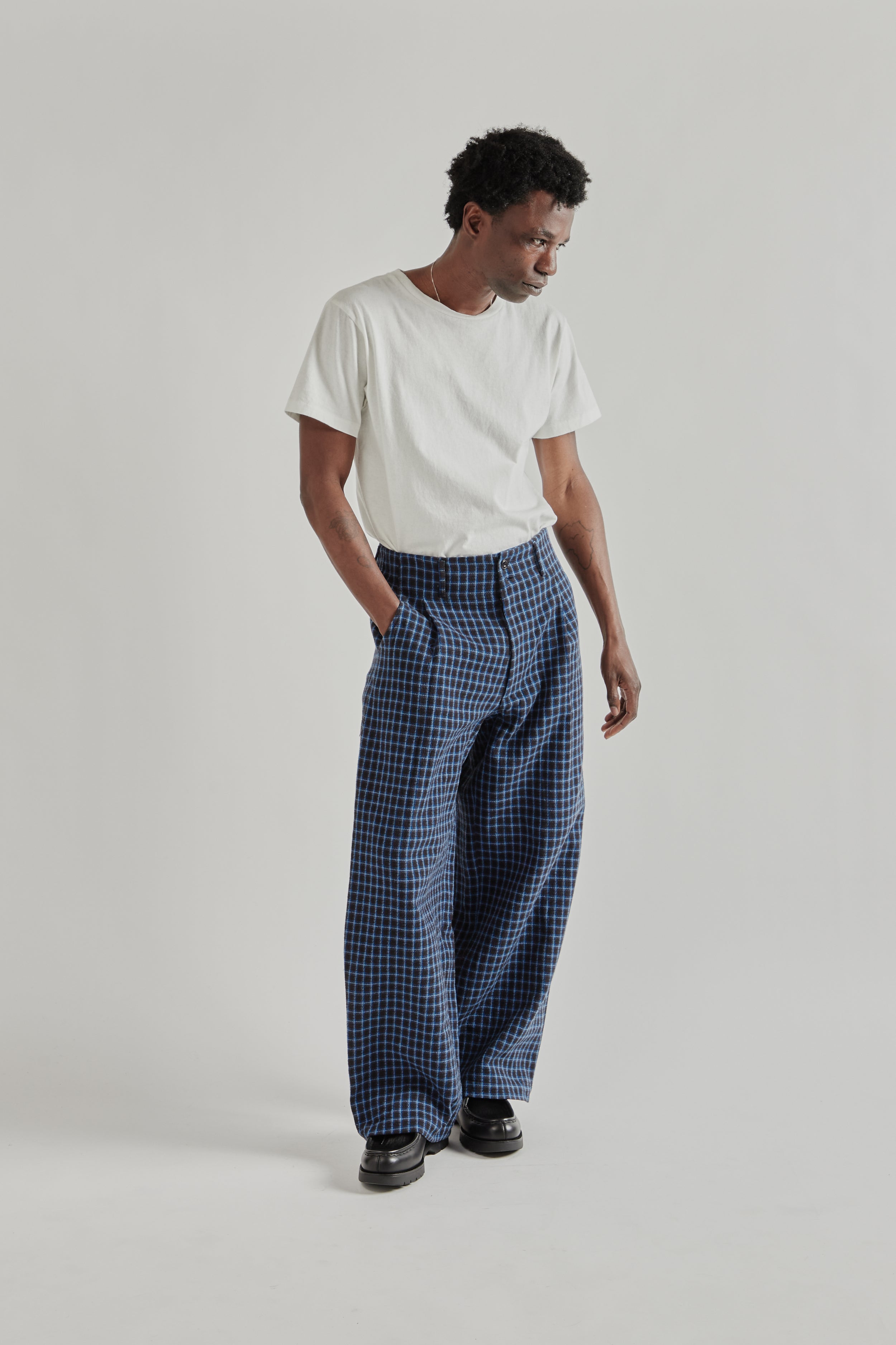 Nicholas Daley Wide Leg Pleated Trouser - Navy Check | Wallace