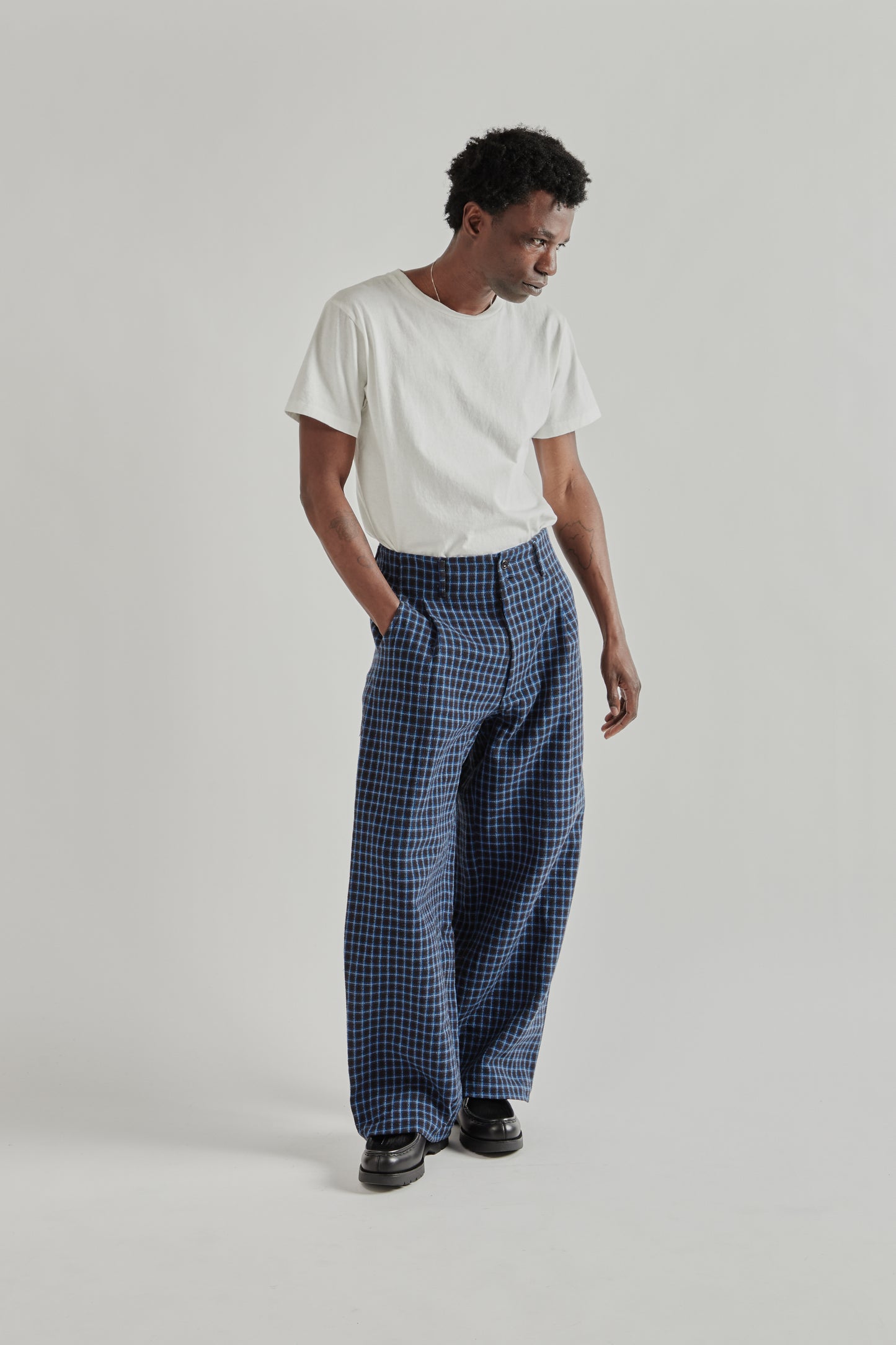 Wide Leg Pleated Trouser - Navy Check