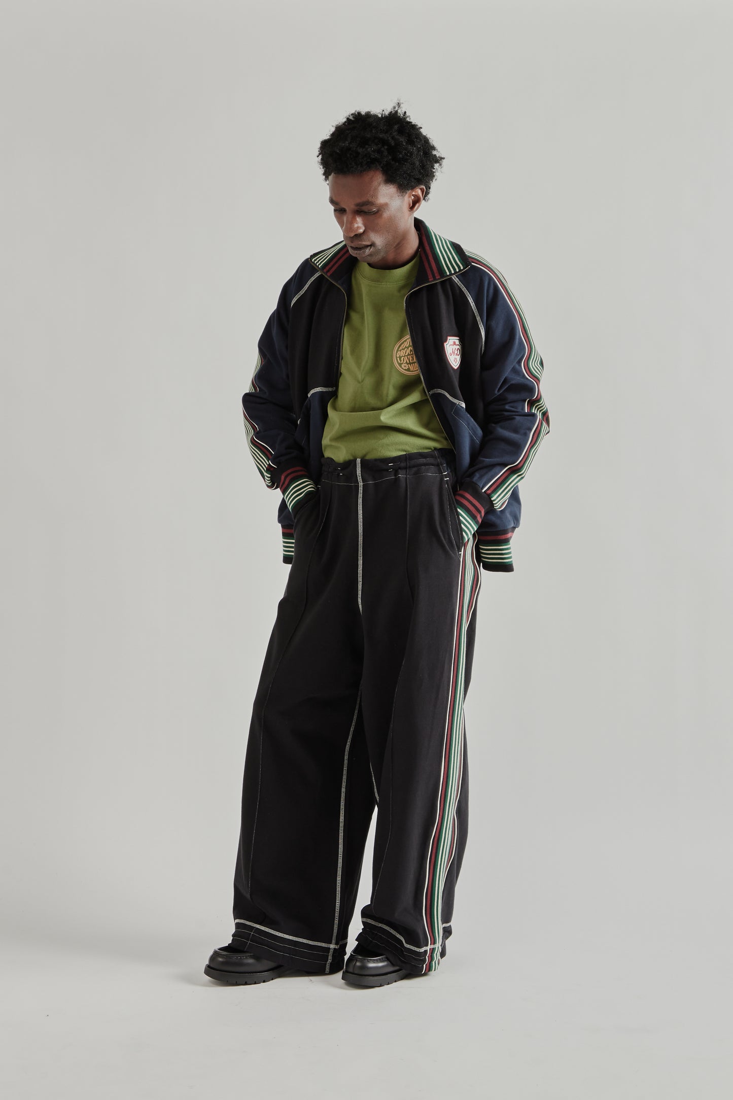 Wide Leg Track Pant - Black/Navy