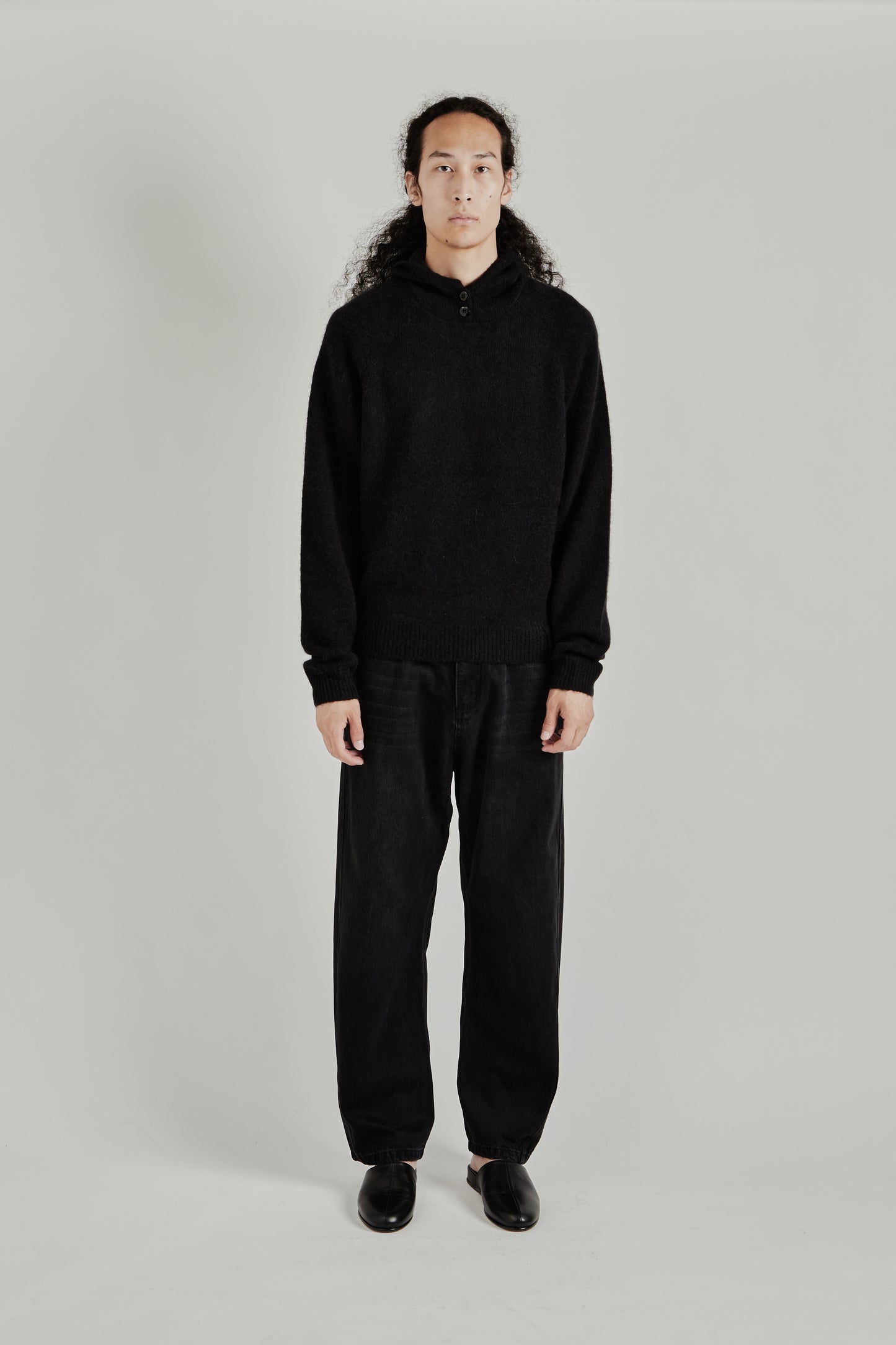 Double Button Alpaca Hood - Black