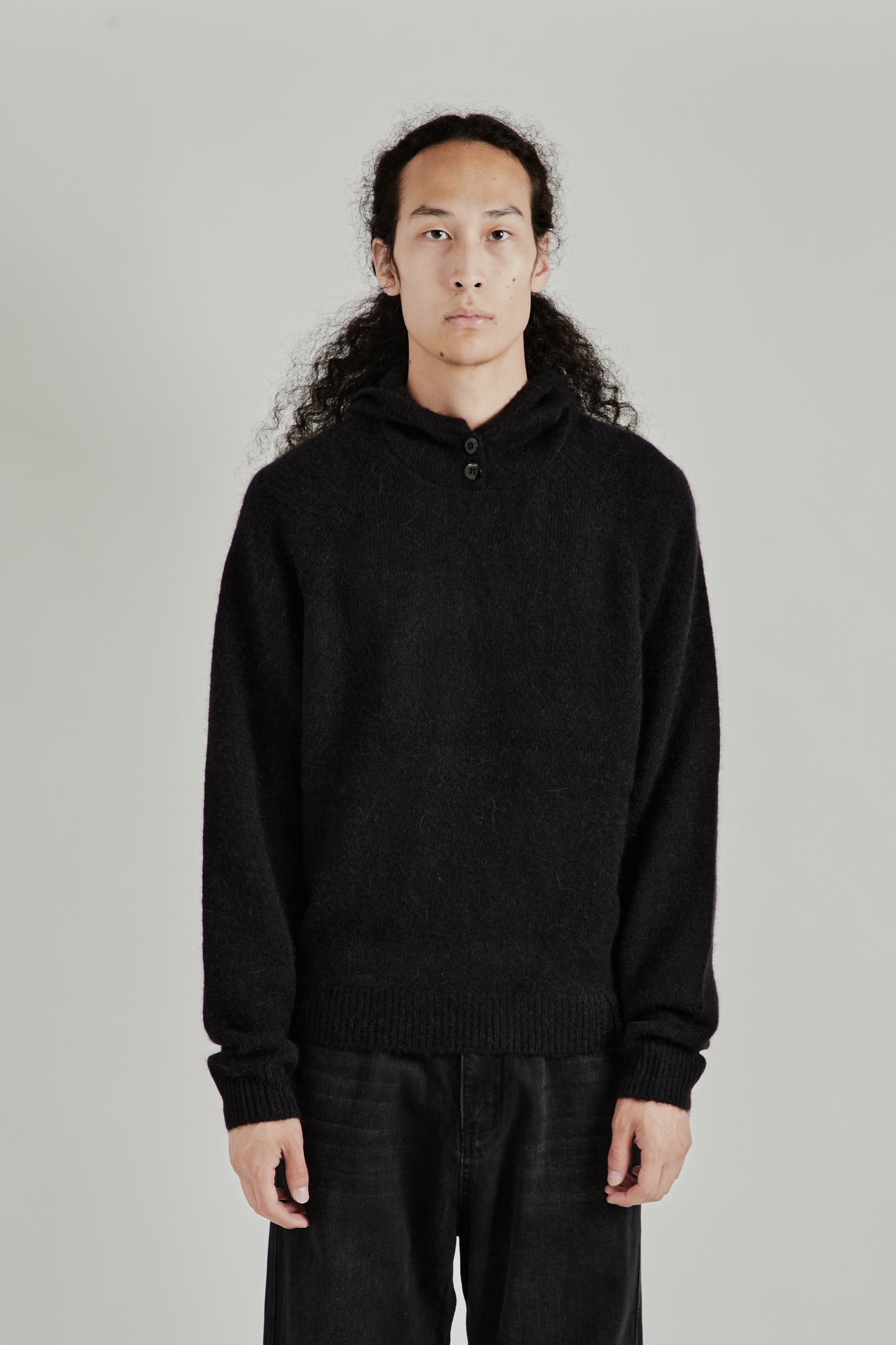 Double Button Alpaca Hood - Black