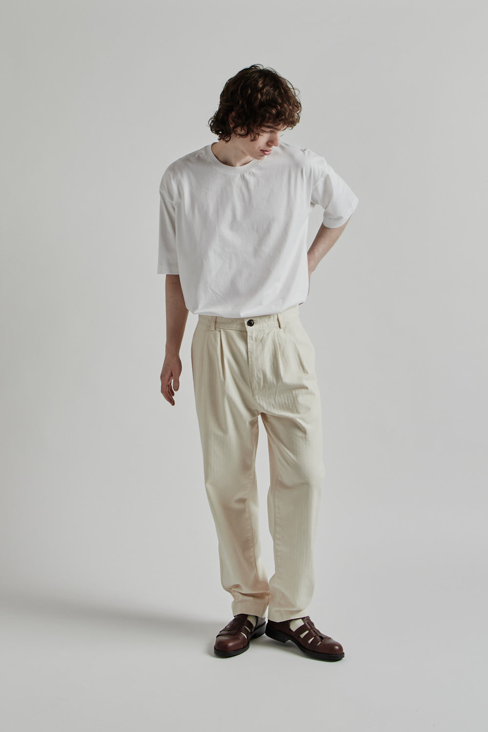 Double Pleats Herringbone Pants - Off-White - Wallace Mercantile Shop