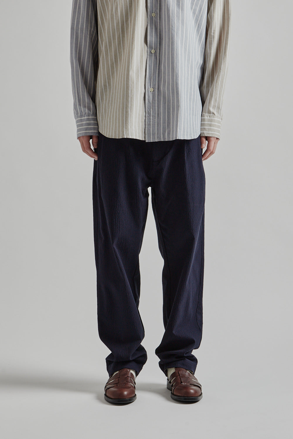 Double Pleats Seersucker Pants - Navy - Wallace Mercantile Shop