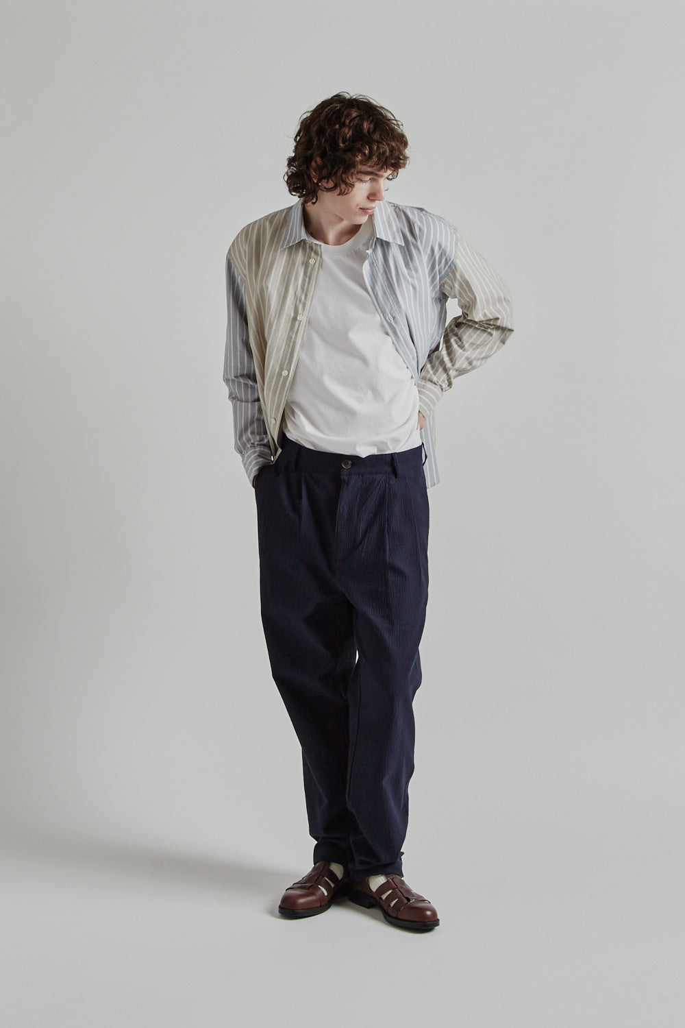 Double Pleats Seersucker Pants - Navy - Wallace Mercantile Shop