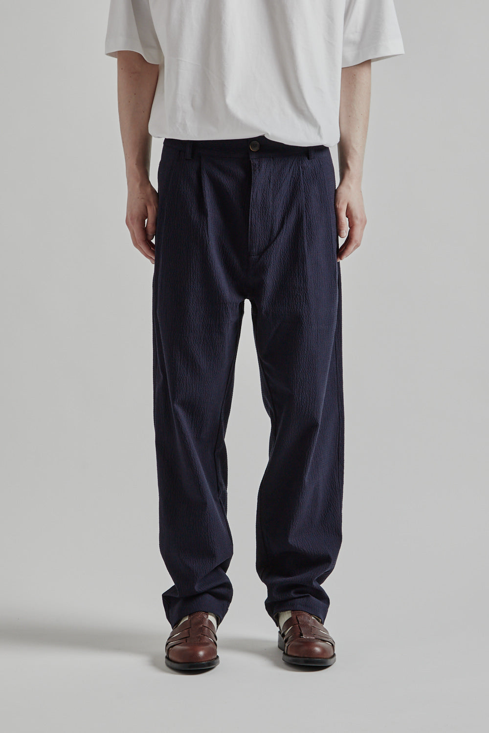 Double Pleats Seersucker Pants - Navy - Wallace Mercantile Shop