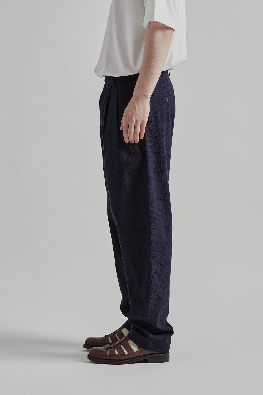 Double Pleats Seersucker Pants - Navy - Wallace Mercantile Shop