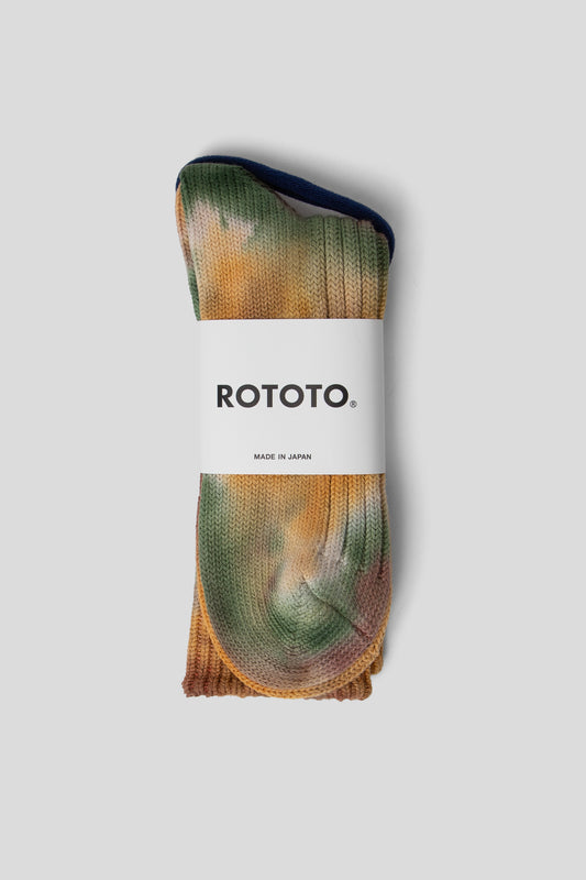 Rototo FW25 Chunky Ribbed Crew Socks Tie Dye GRN GLD BRN 1