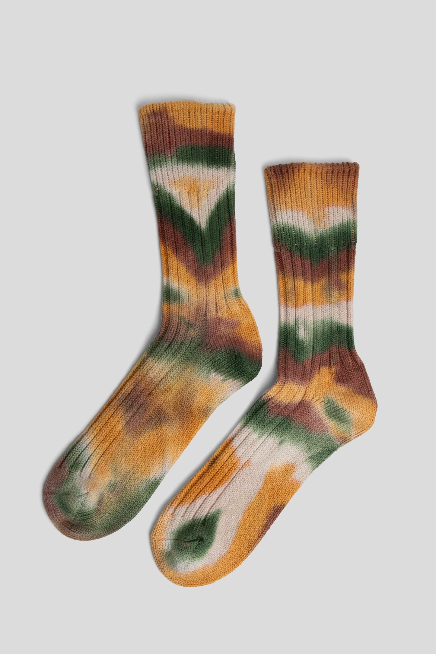 Rototo FW25 Chunky Ribbed Crew Socks Tie Dye GRN GLD BRN 2