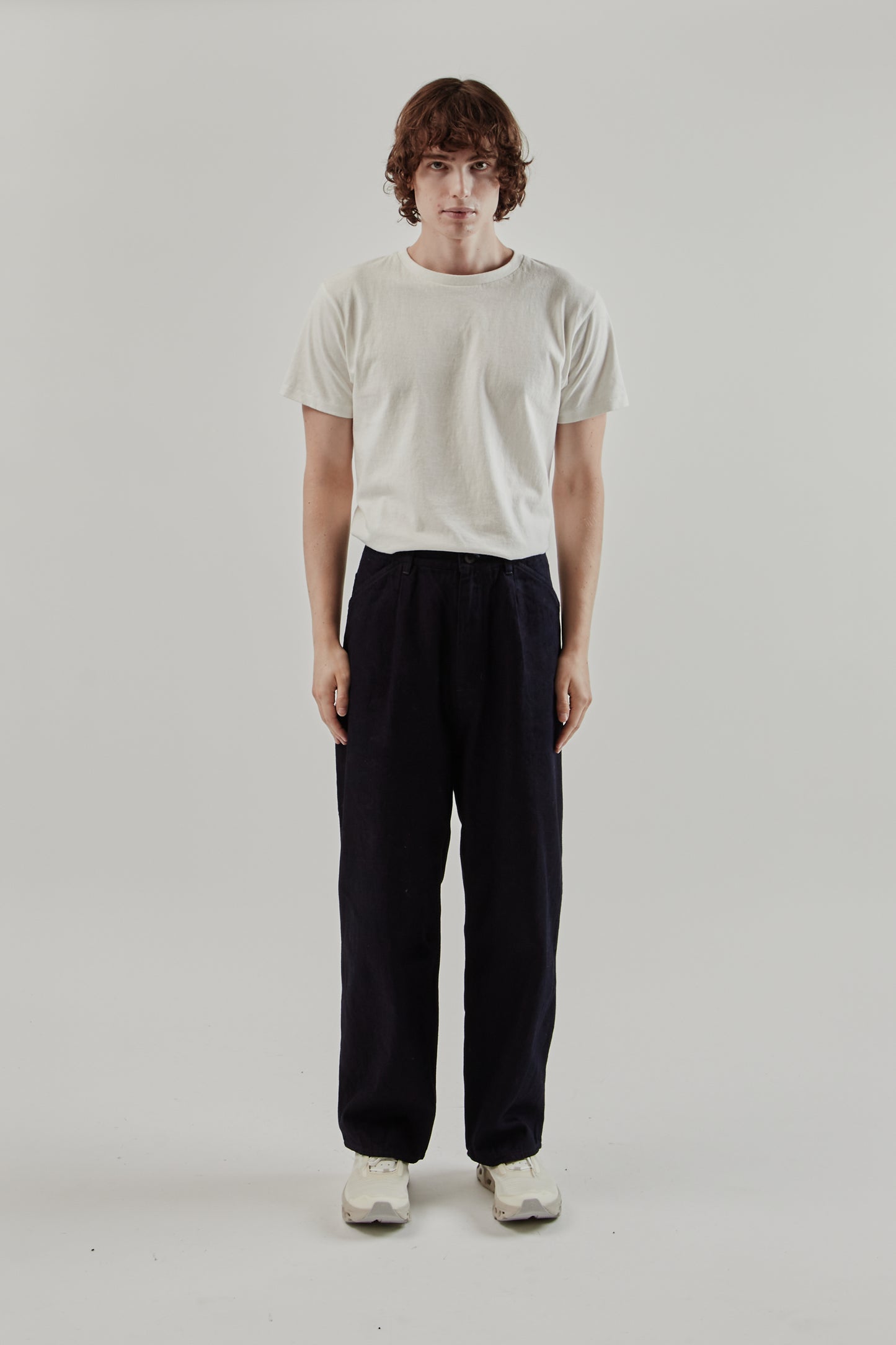 Still By Hand FW25 12oz Denim 1 Tuck Pants Dark Navy 1