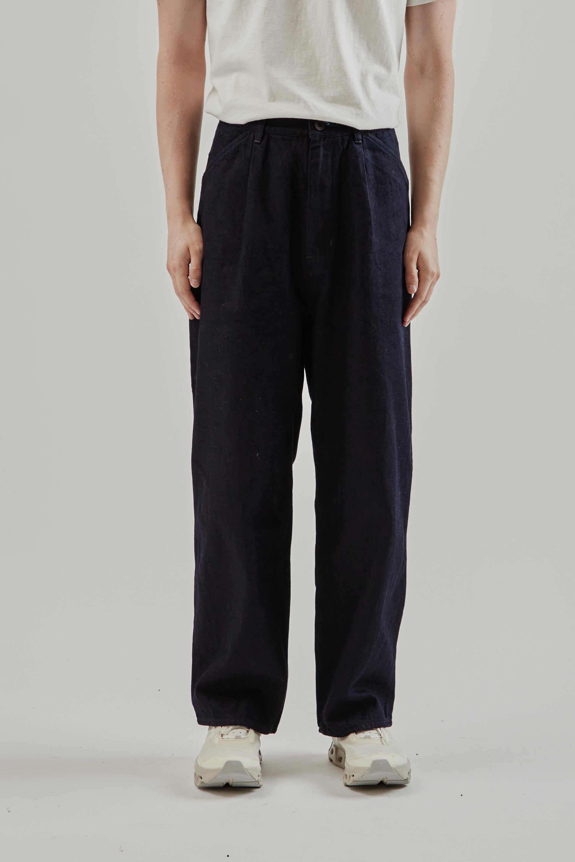 Still By Hand FW25 12oz Denim 1 Tuck Pants Dark Navy 2