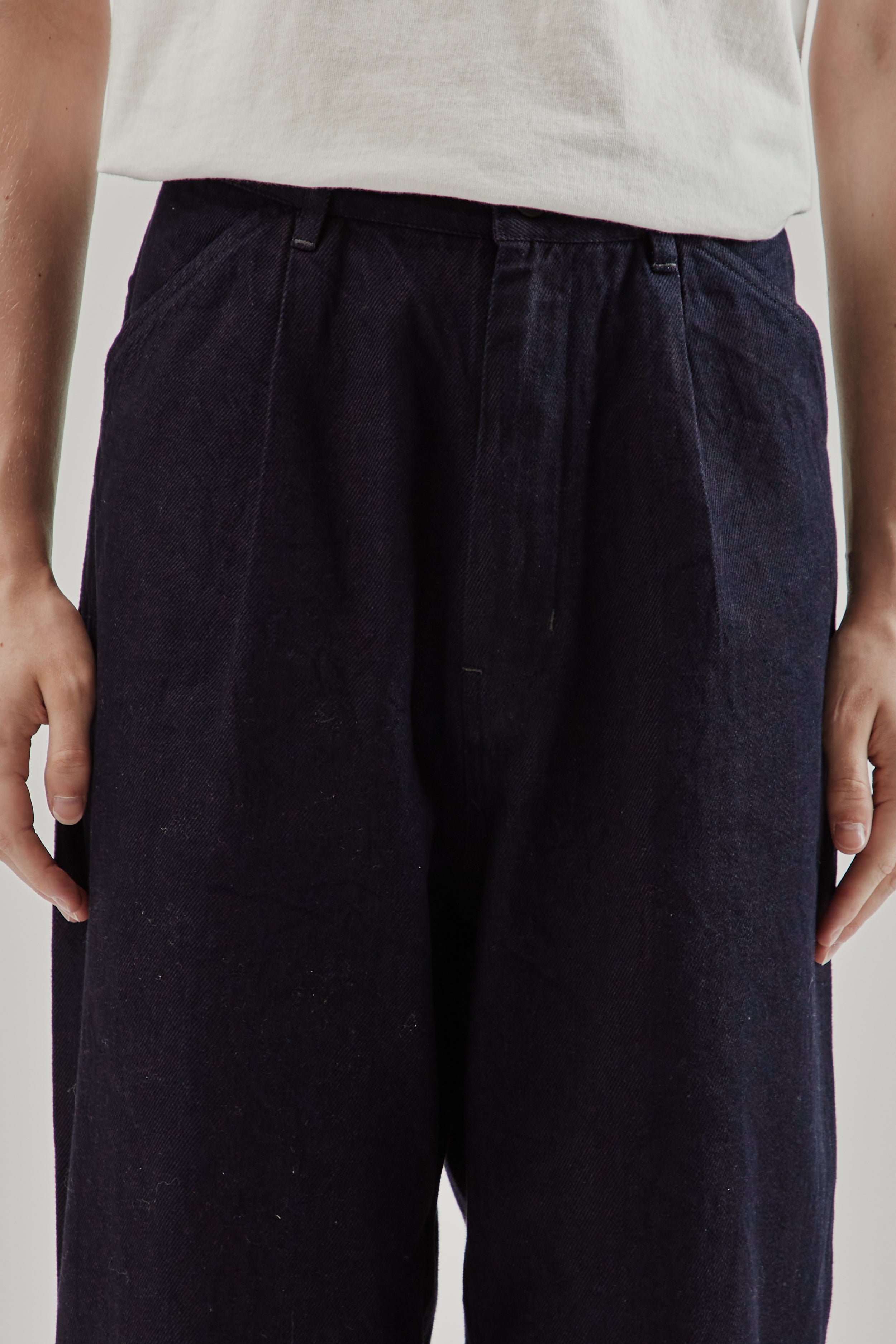 Still By Hand 12oz Denim 1 Tuck Pants - Dark Navy | Wallace