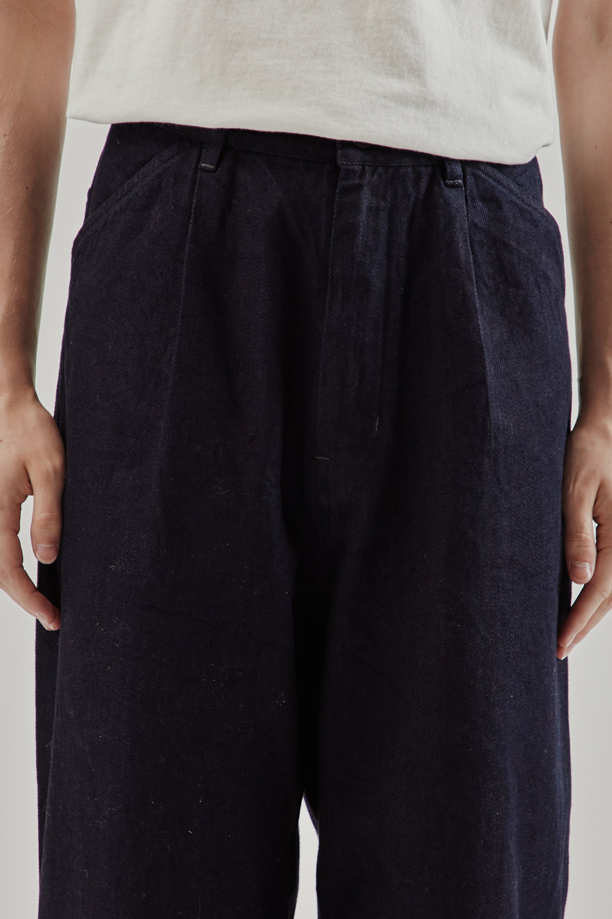 Still By Hand FW25 12oz Denim 1 Tuck Pants Dark Navy 6