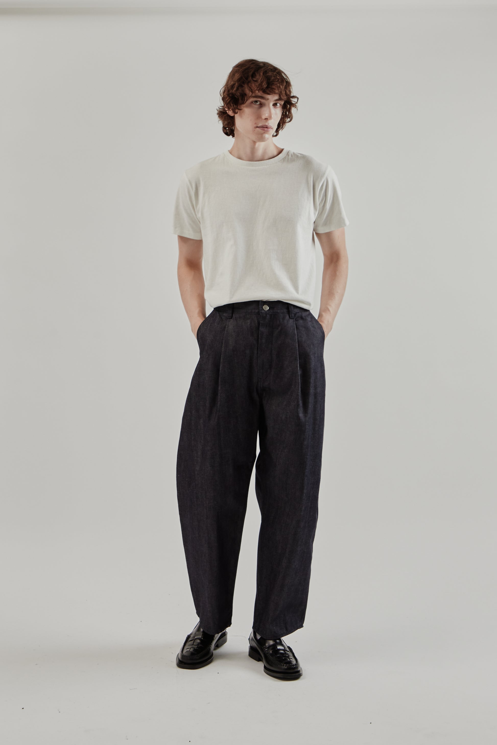 Still By Hand FW25 12oz Denim 1 Tuck Pants Dark Navy 8