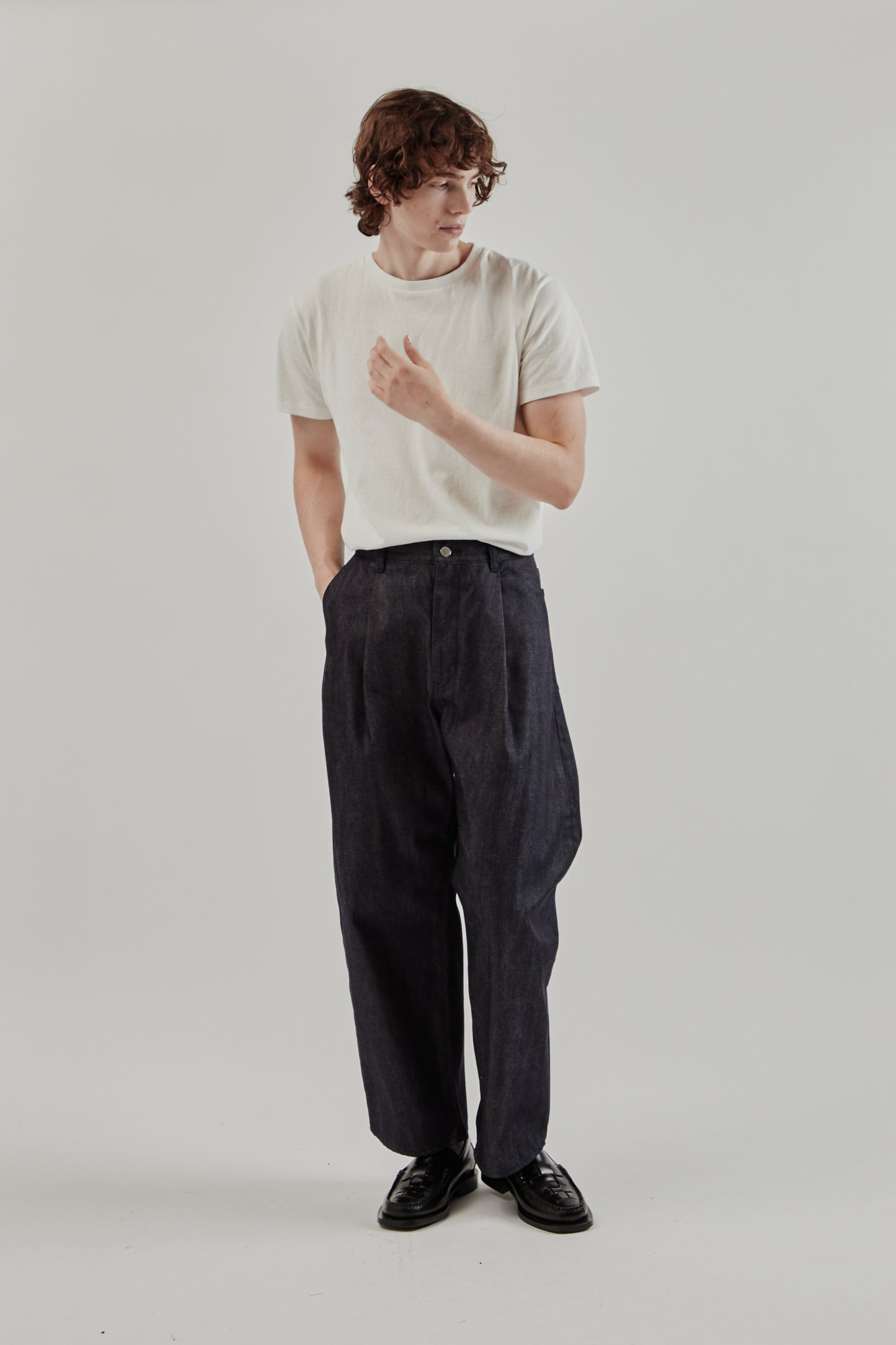 Still By Hand FW25 12oz Denim 1 Tuck Pants Dark Navy 9