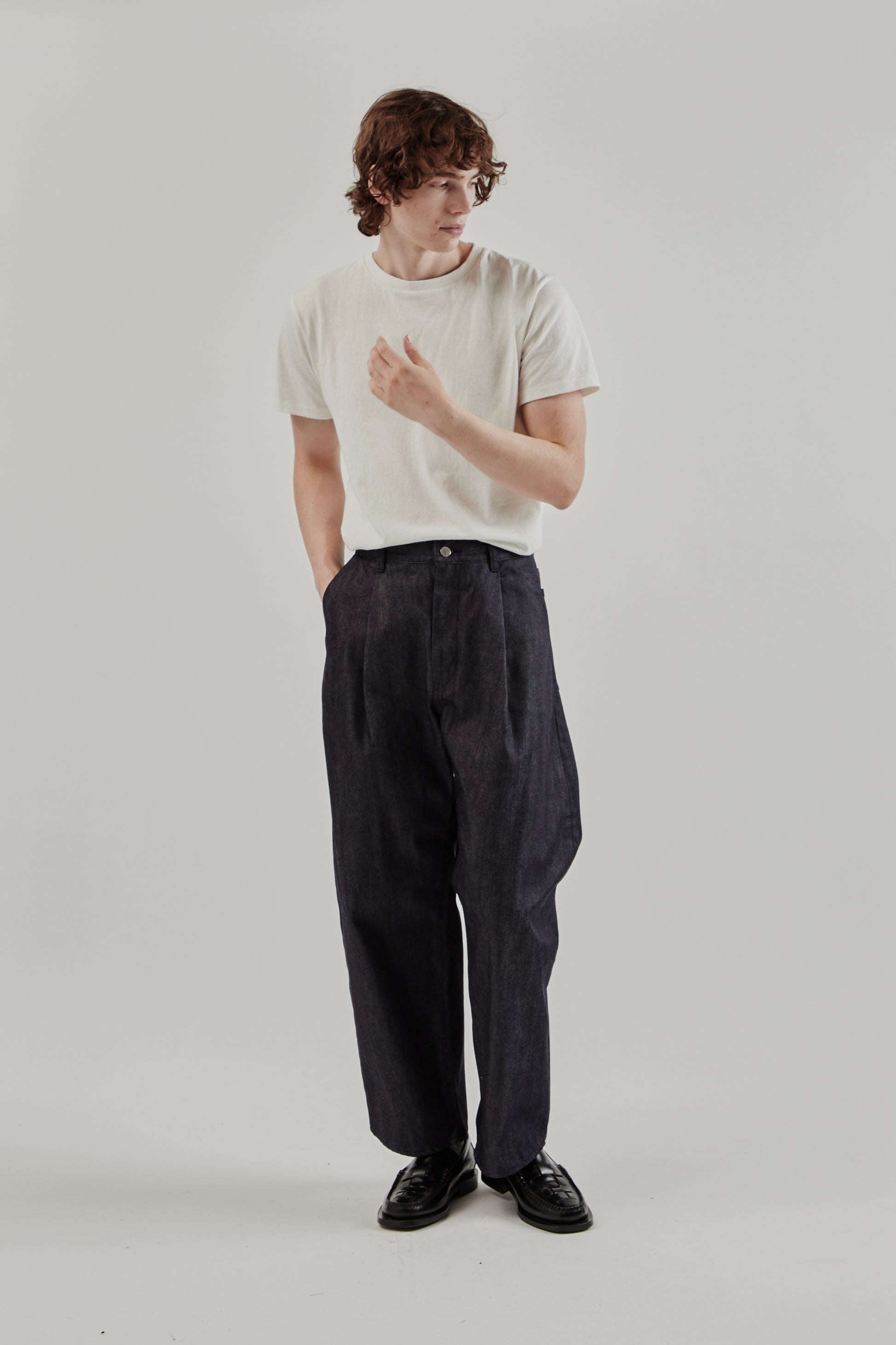 Still By Hand FW25 12oz Denim 1 Tuck Pants Dark Navy 9