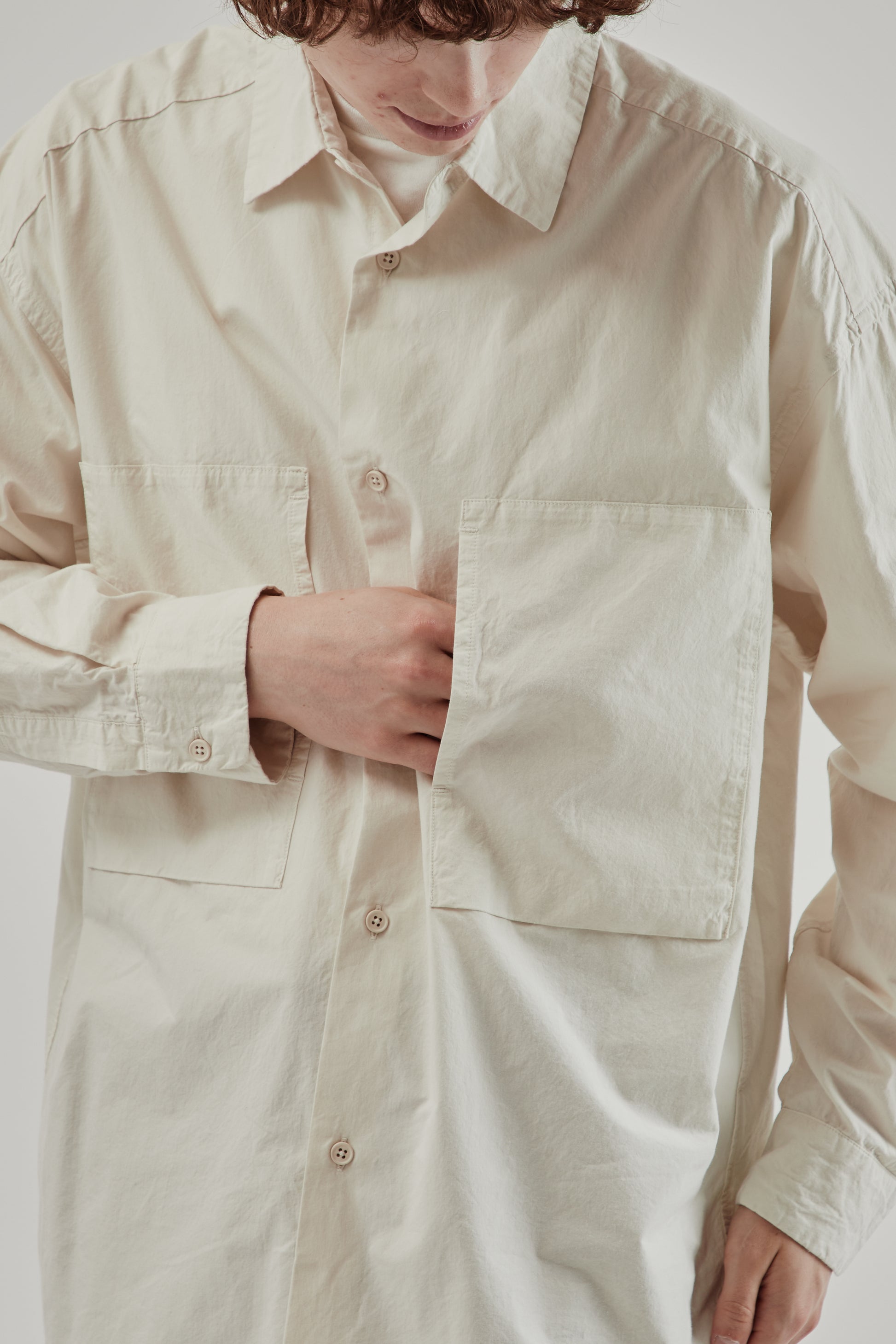 Still By Hand FW25 Garment Dyed Over Shirt Ecru 11