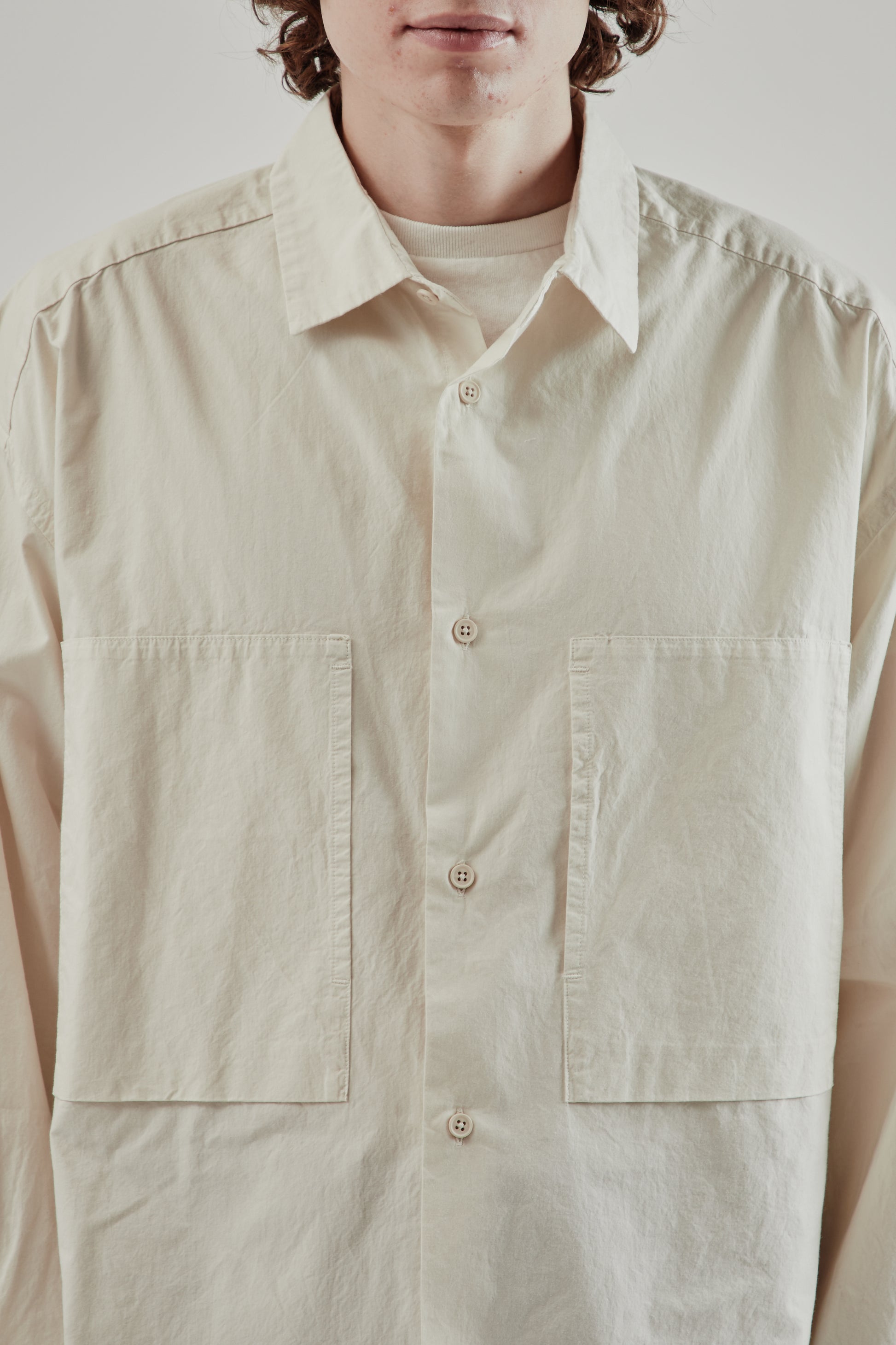 Still By Hand FW25 Garment Dyed Over Shirt Ecru 6