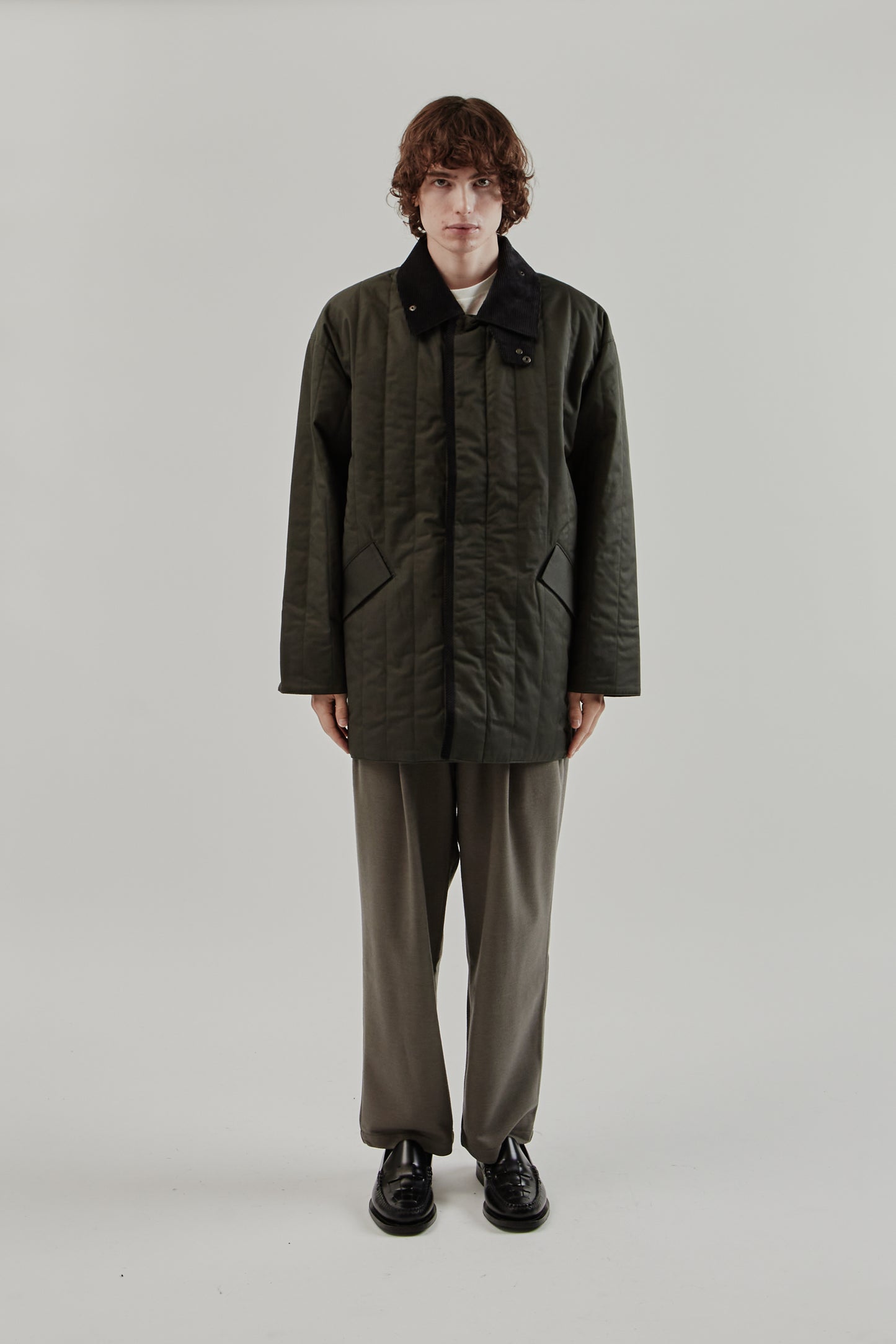 Still By Hand FW25 Quilted Half Coat Green Charcoal 1