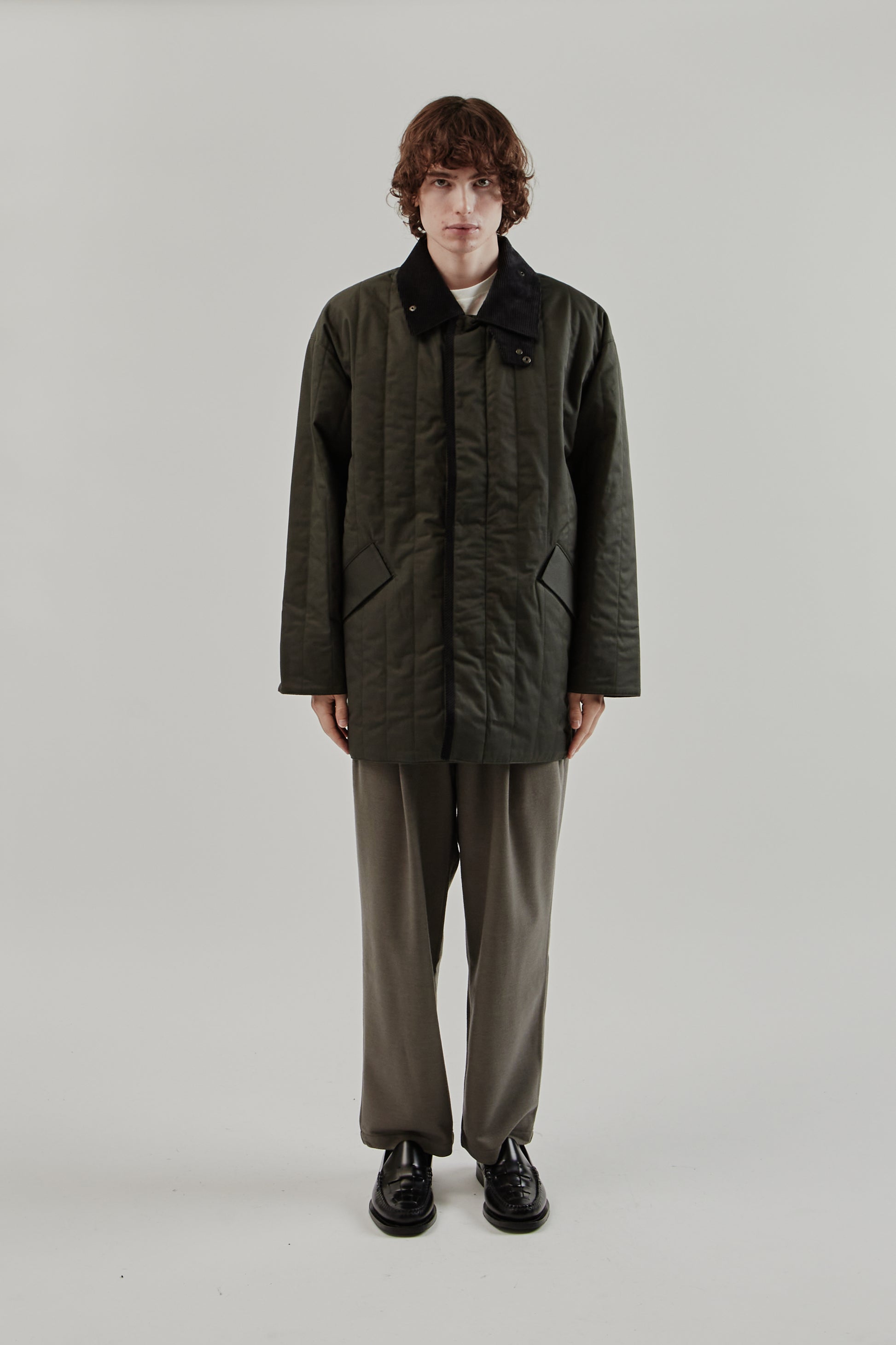Still By Hand FW25 Quilted Half Coat Green Charcoal 1