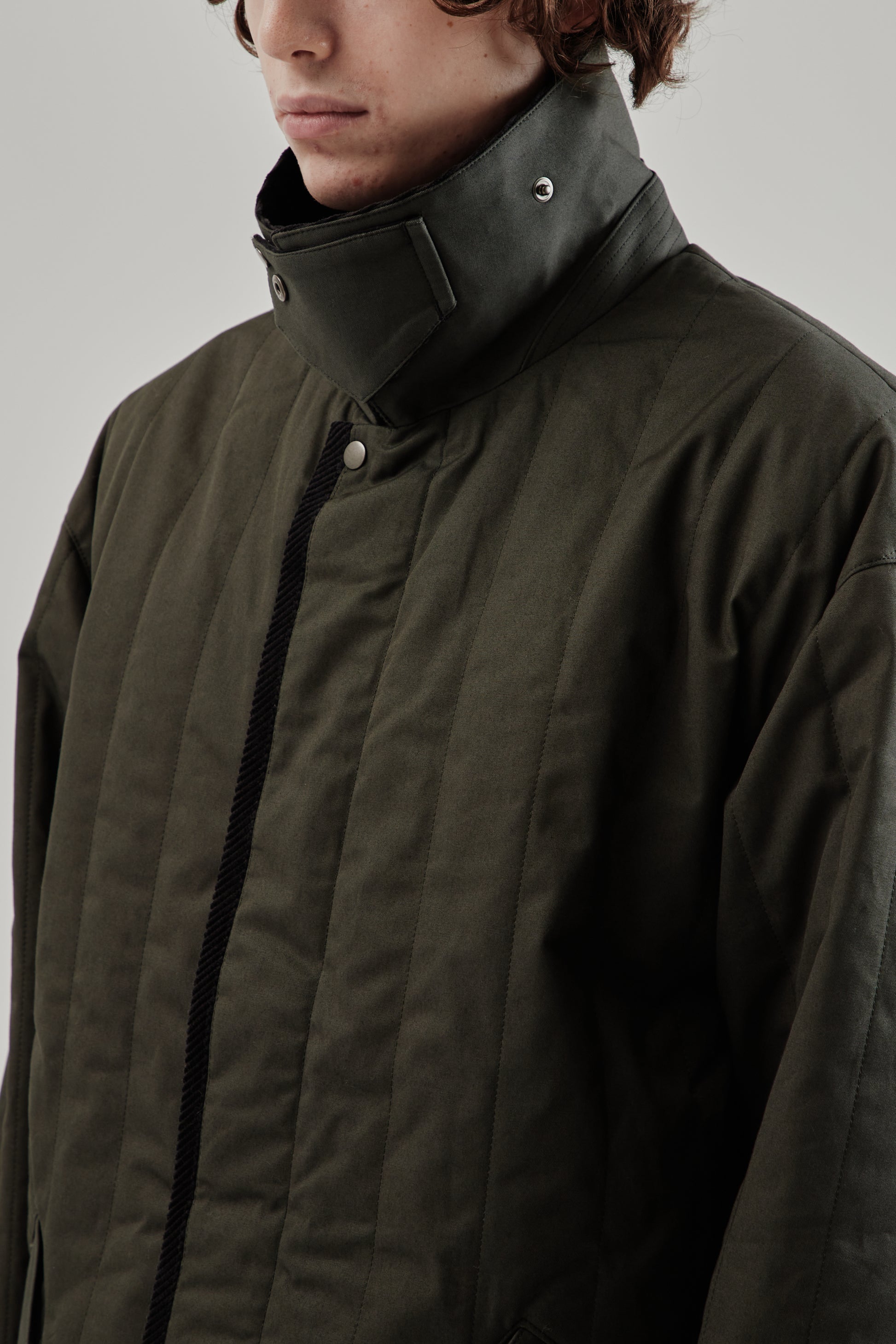 Still By Hand FW25 Quilted Half Coat Green Charcoal 10