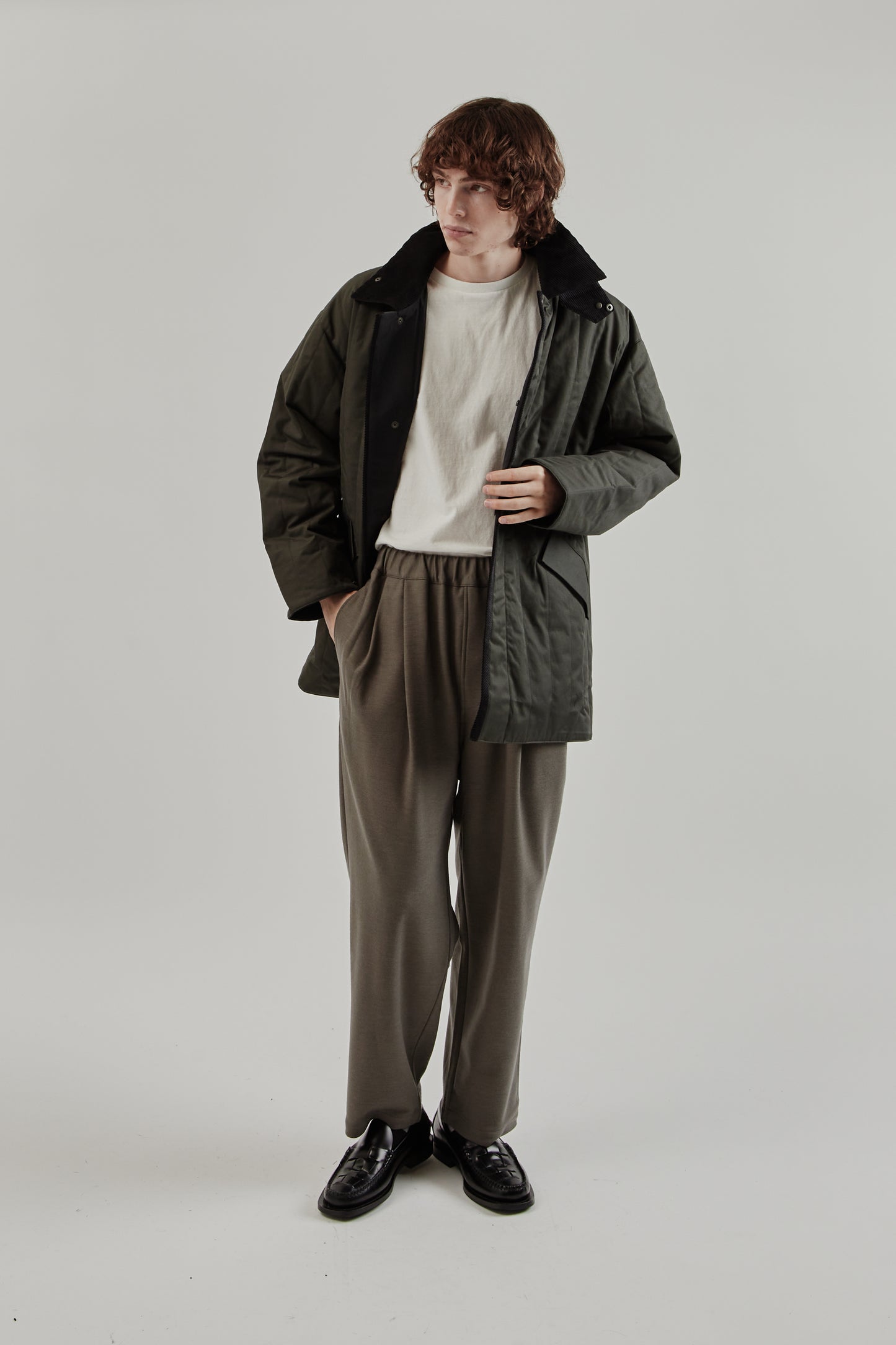 Still By Hand FW25 Quilted Half Coat Green Charcoal 13
