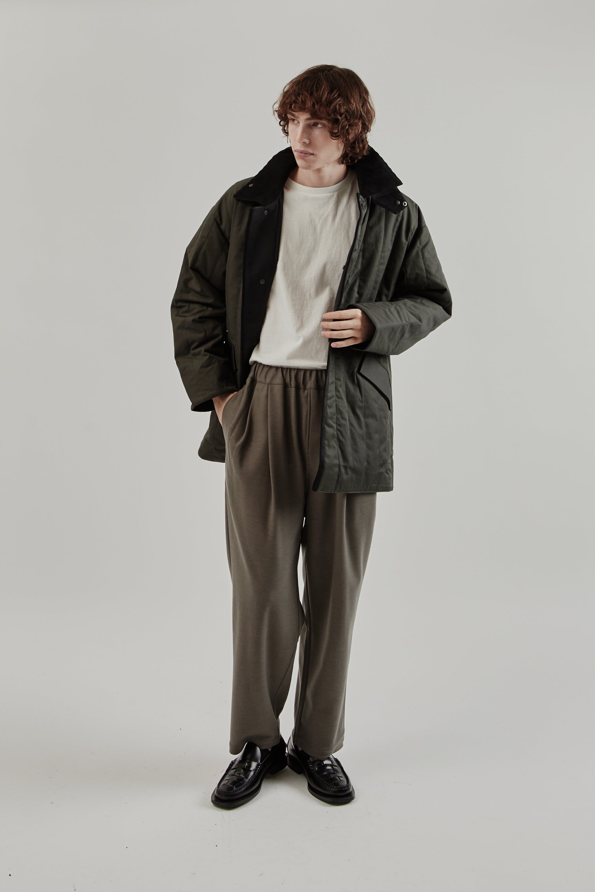 Still By Hand FW25 Quilted Half Coat Green Charcoal 13