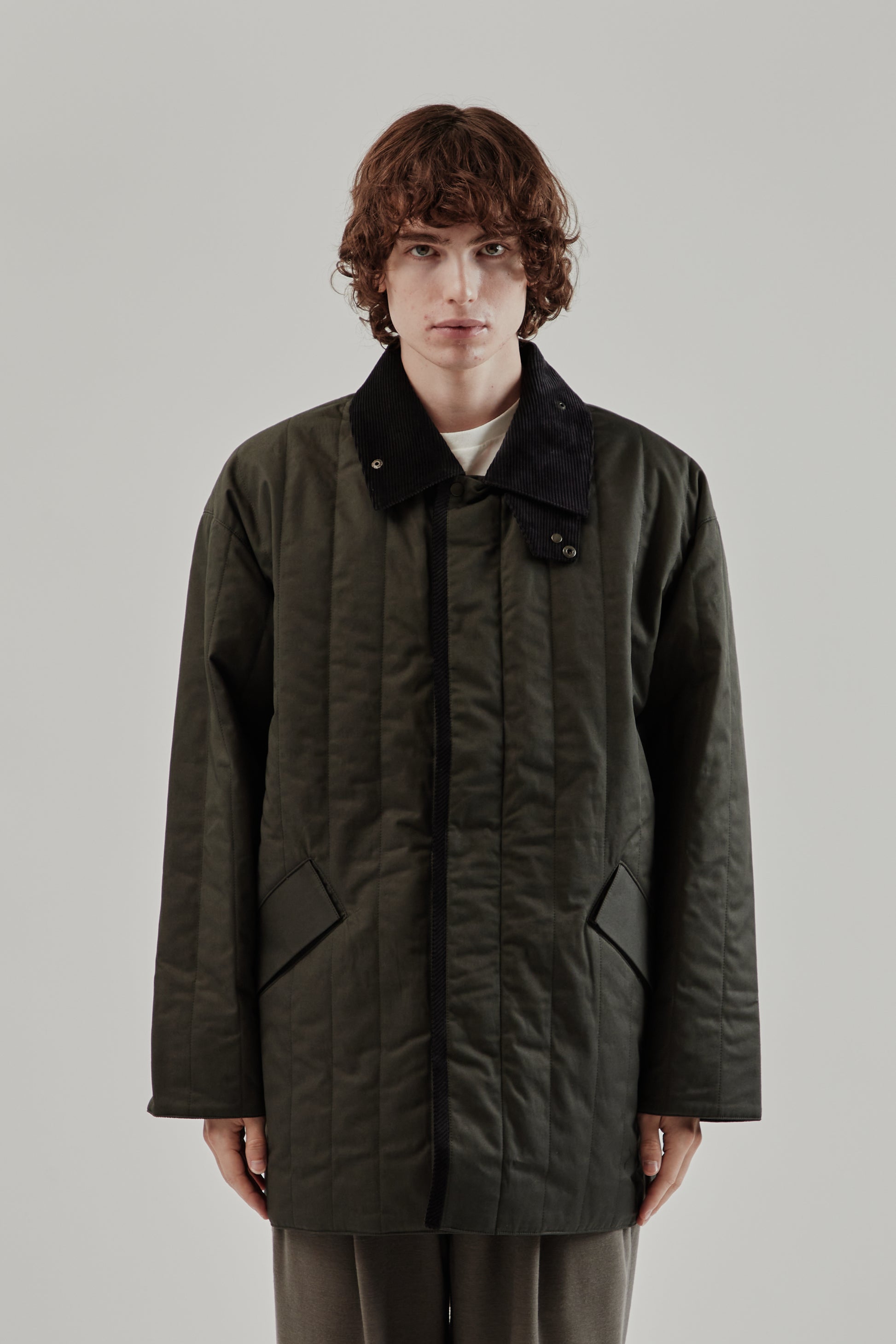 Still By Hand FW25 Quilted Half Coat Green Charcoal 2