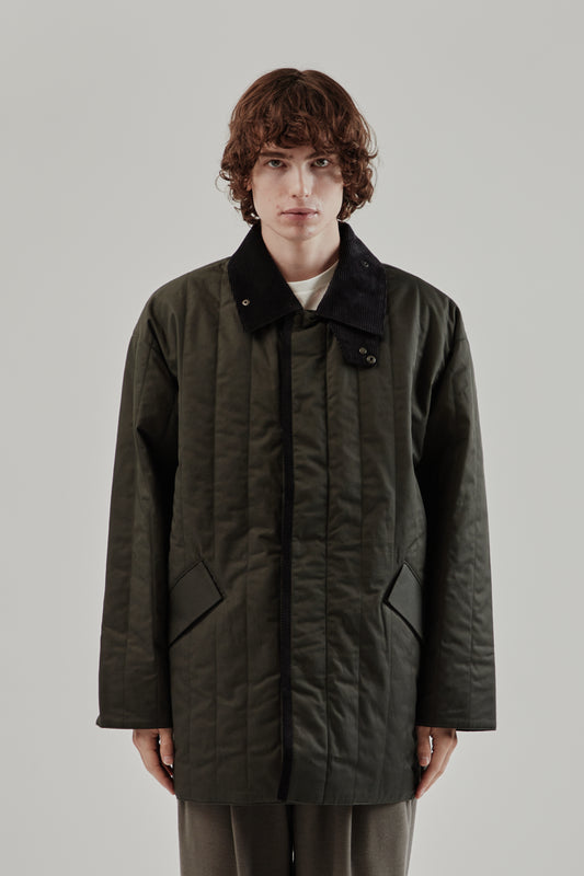 Still By Hand FW25 Quilted Half Coat Green Charcoal 2