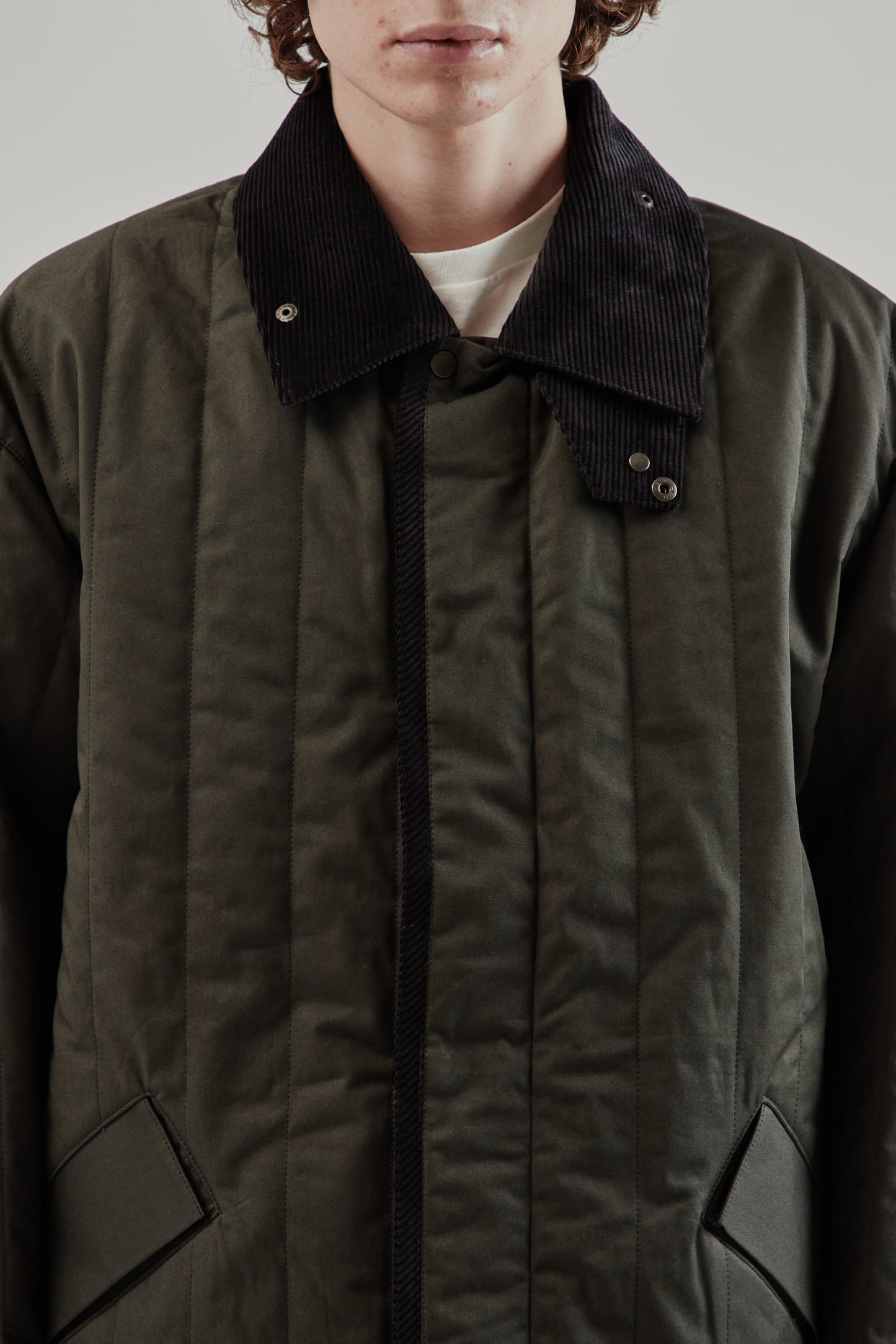 Still By Hand FW25 Quilted Half Coat Green Charcoal 6