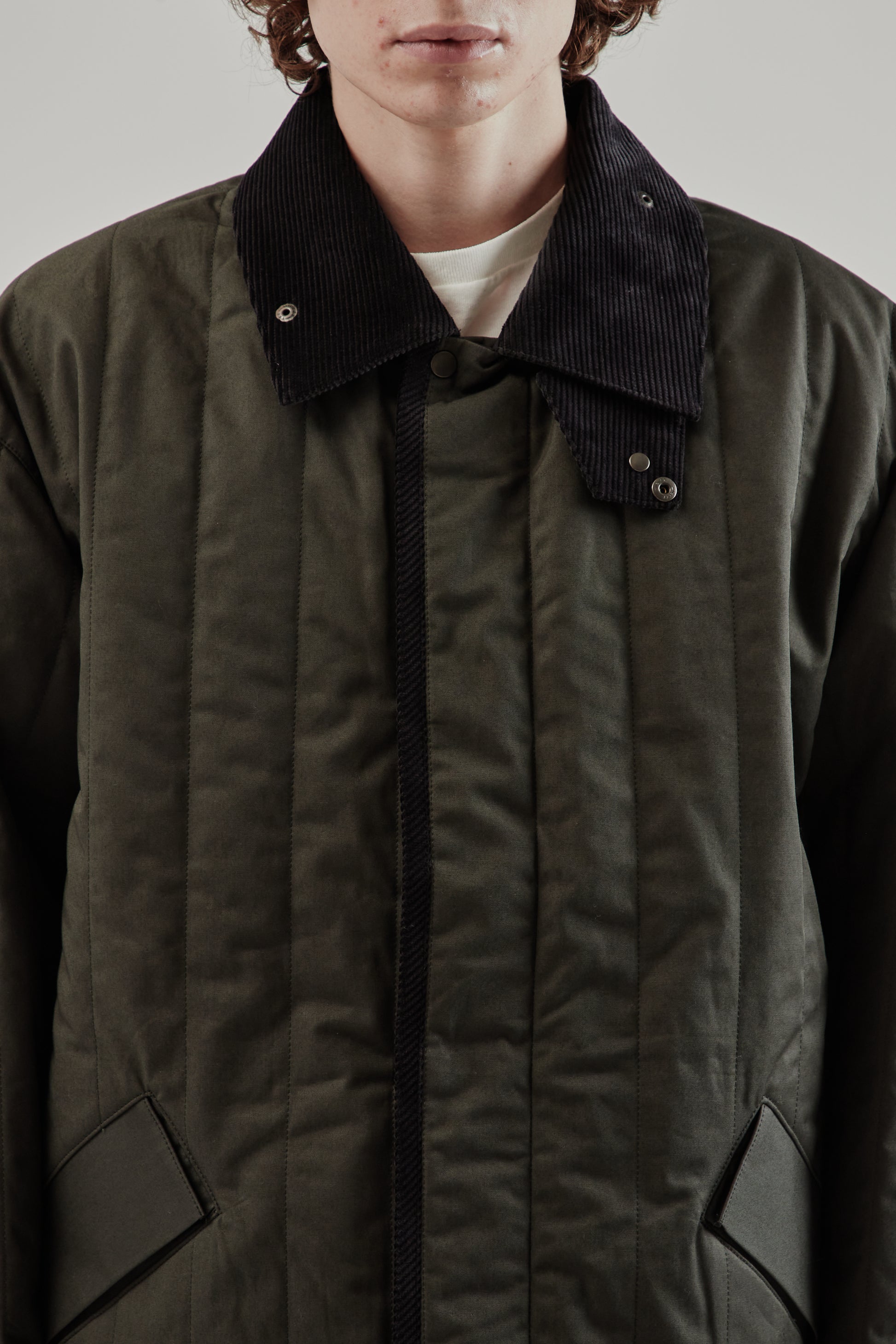 Still By Hand FW25 Quilted Half Coat Green Charcoal 6