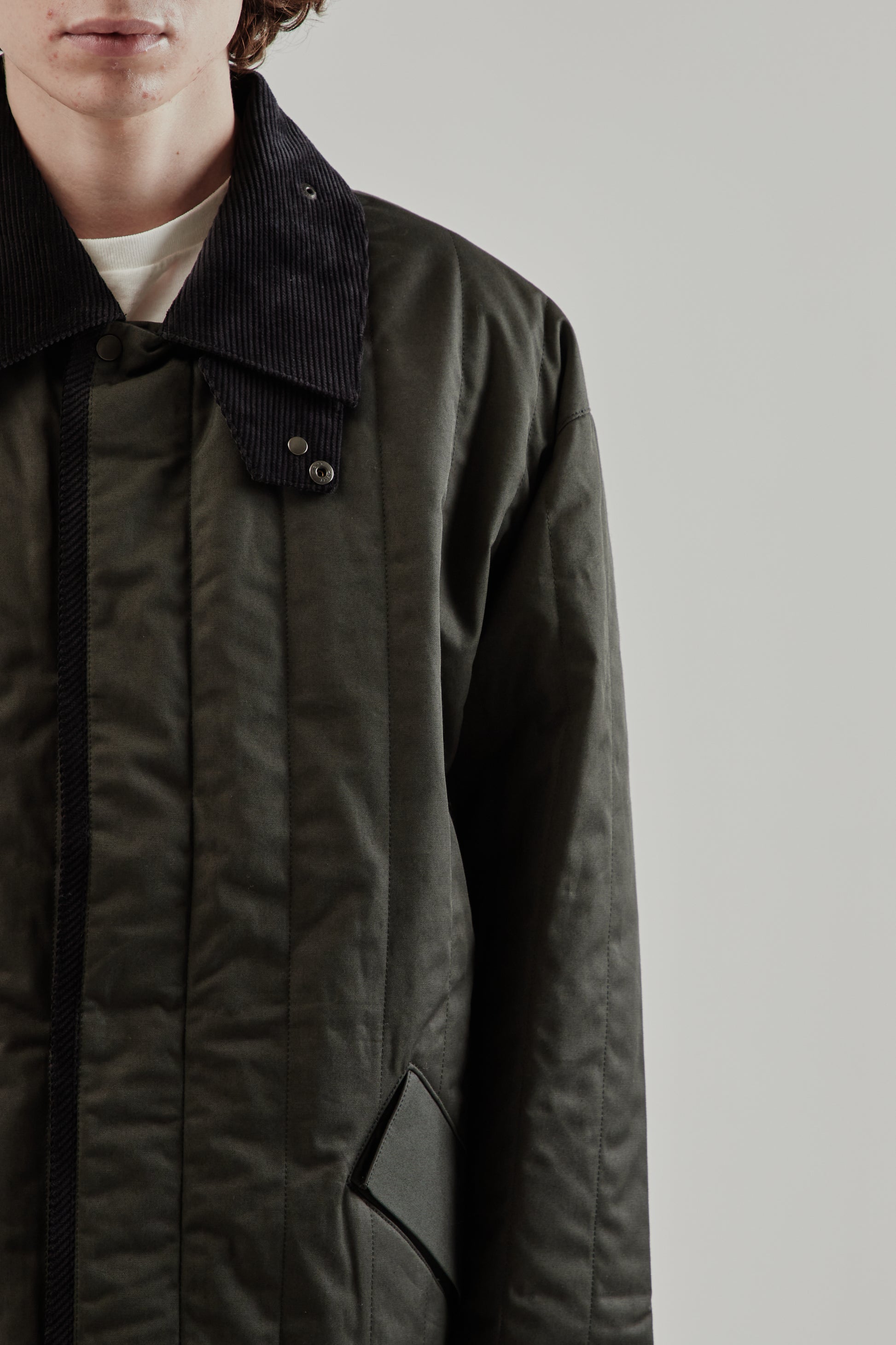 Still By Hand FW25 Quilted Half Coat Green Charcoal 7