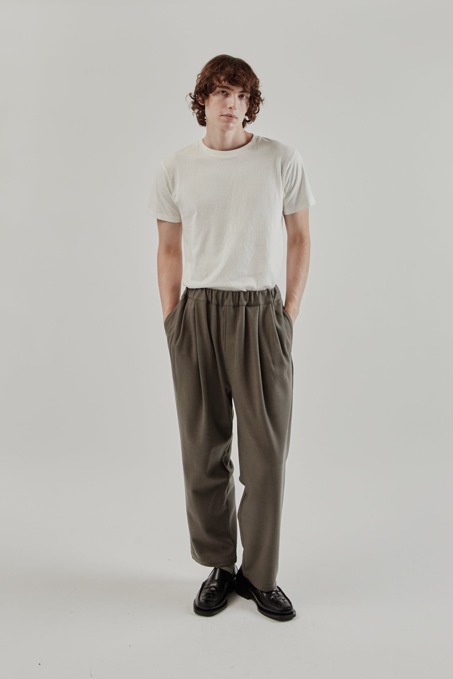 Still By Hand FW25 Wool Jersey Two Tuck Pants Greige 1