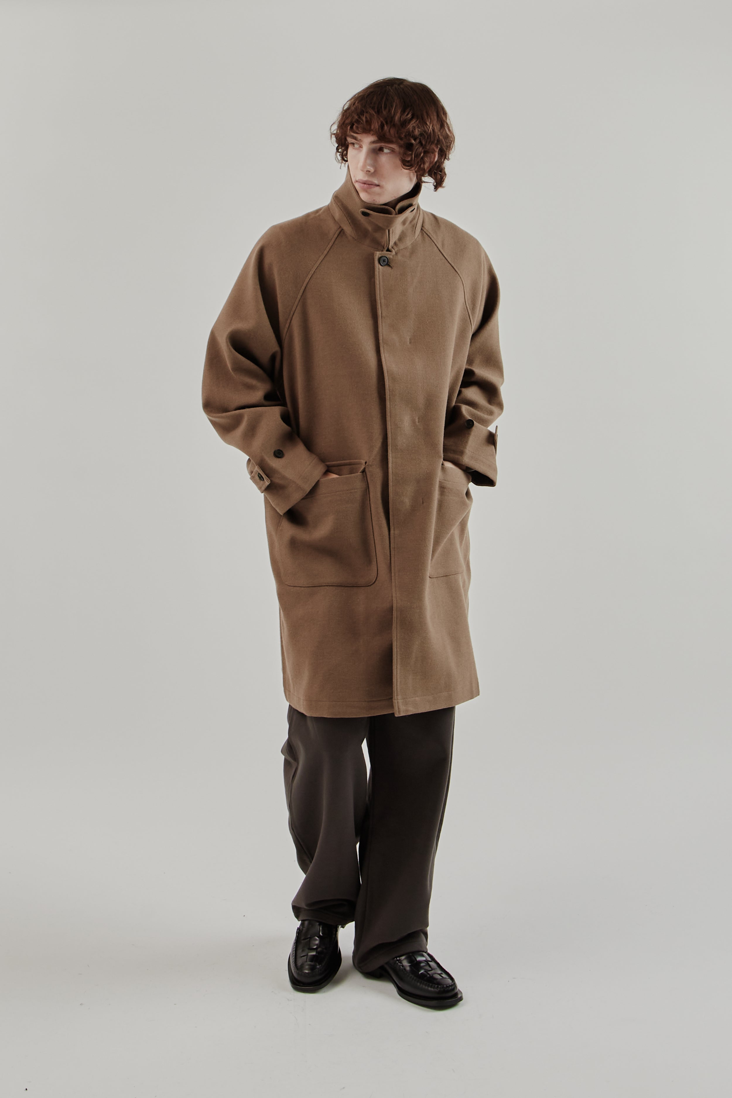Still By Hand Wool/Nylon Bal Collar Coat - Khaki Beige | Wallace