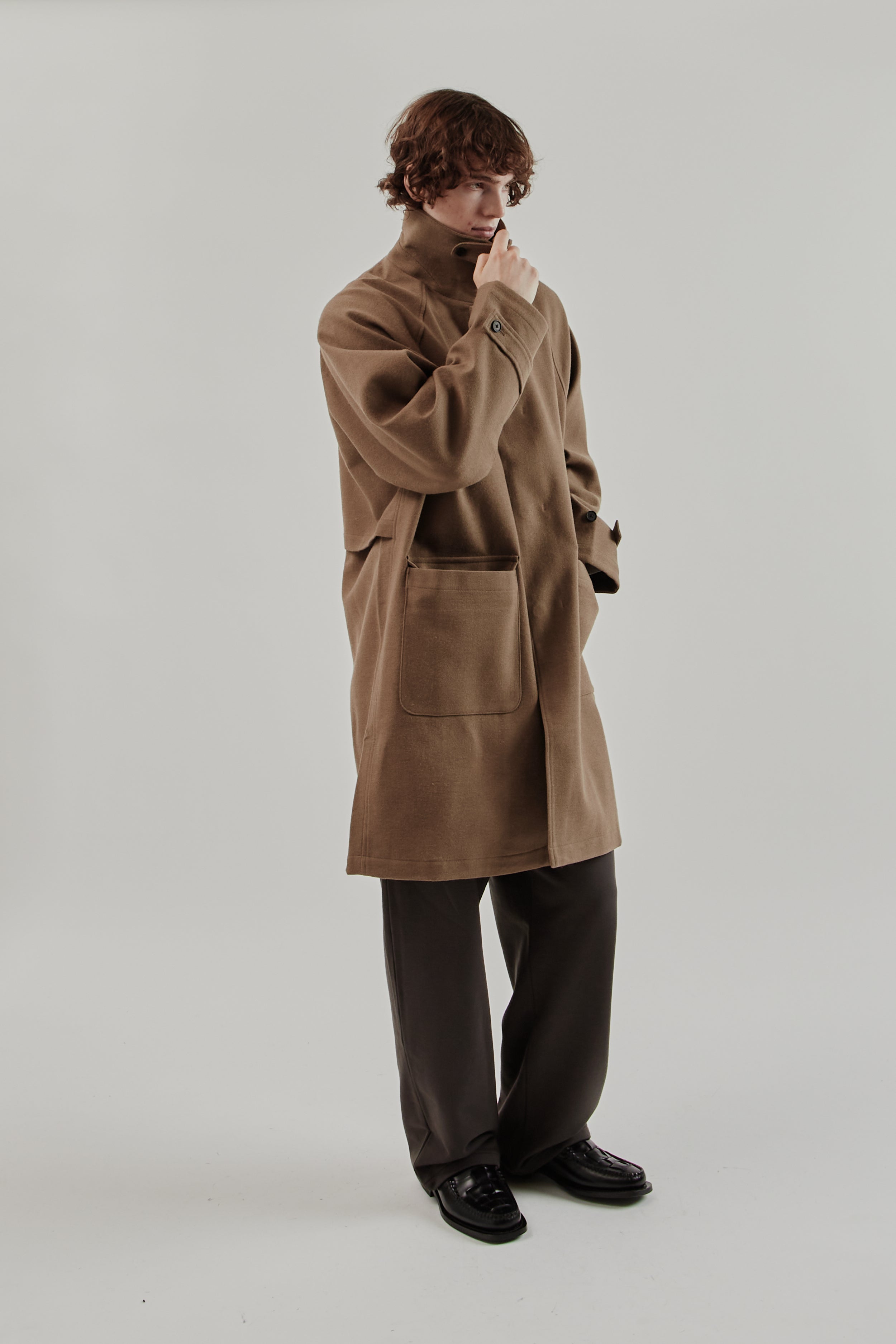 Still By Hand Wool/Nylon Bal Collar Coat - Khaki Beige | Wallace