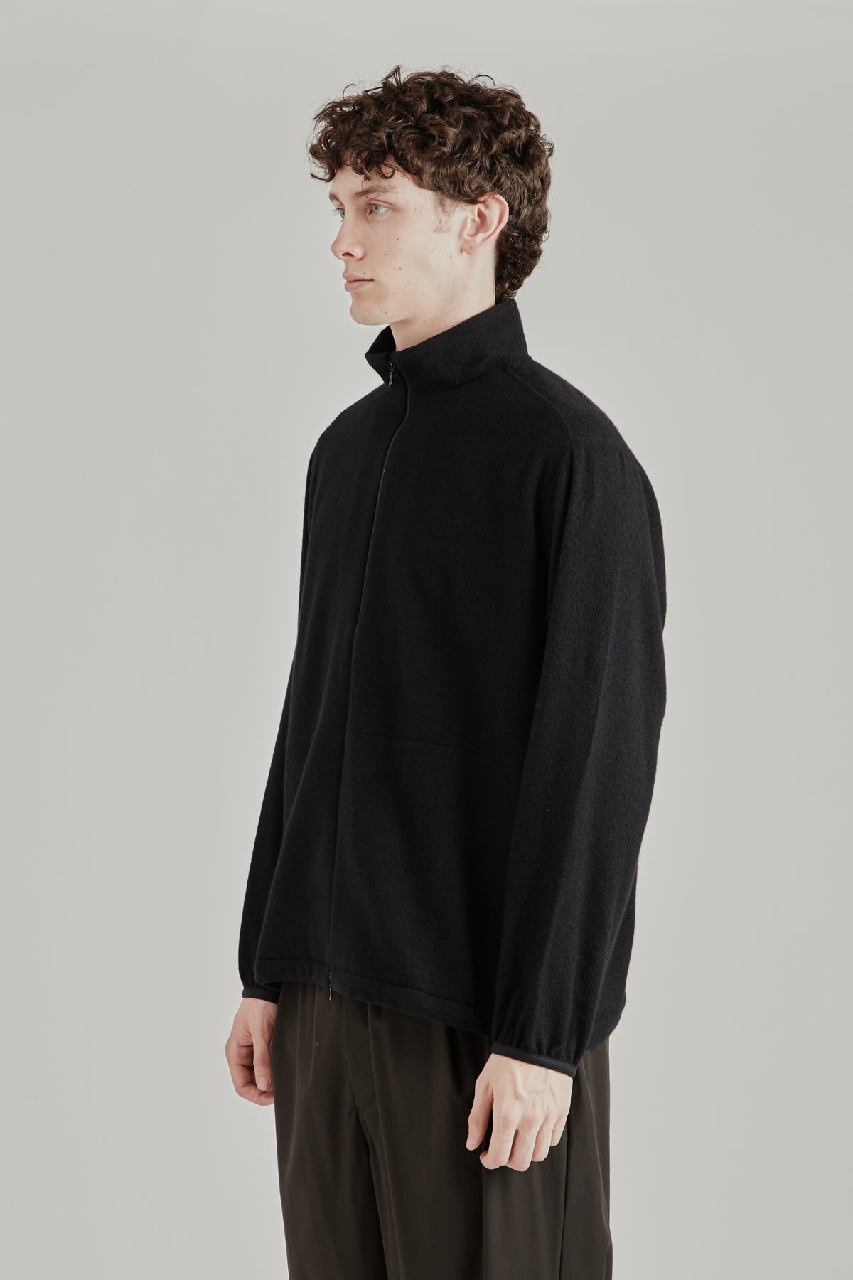 Cashmere Mixed High Neck Blouson - Black